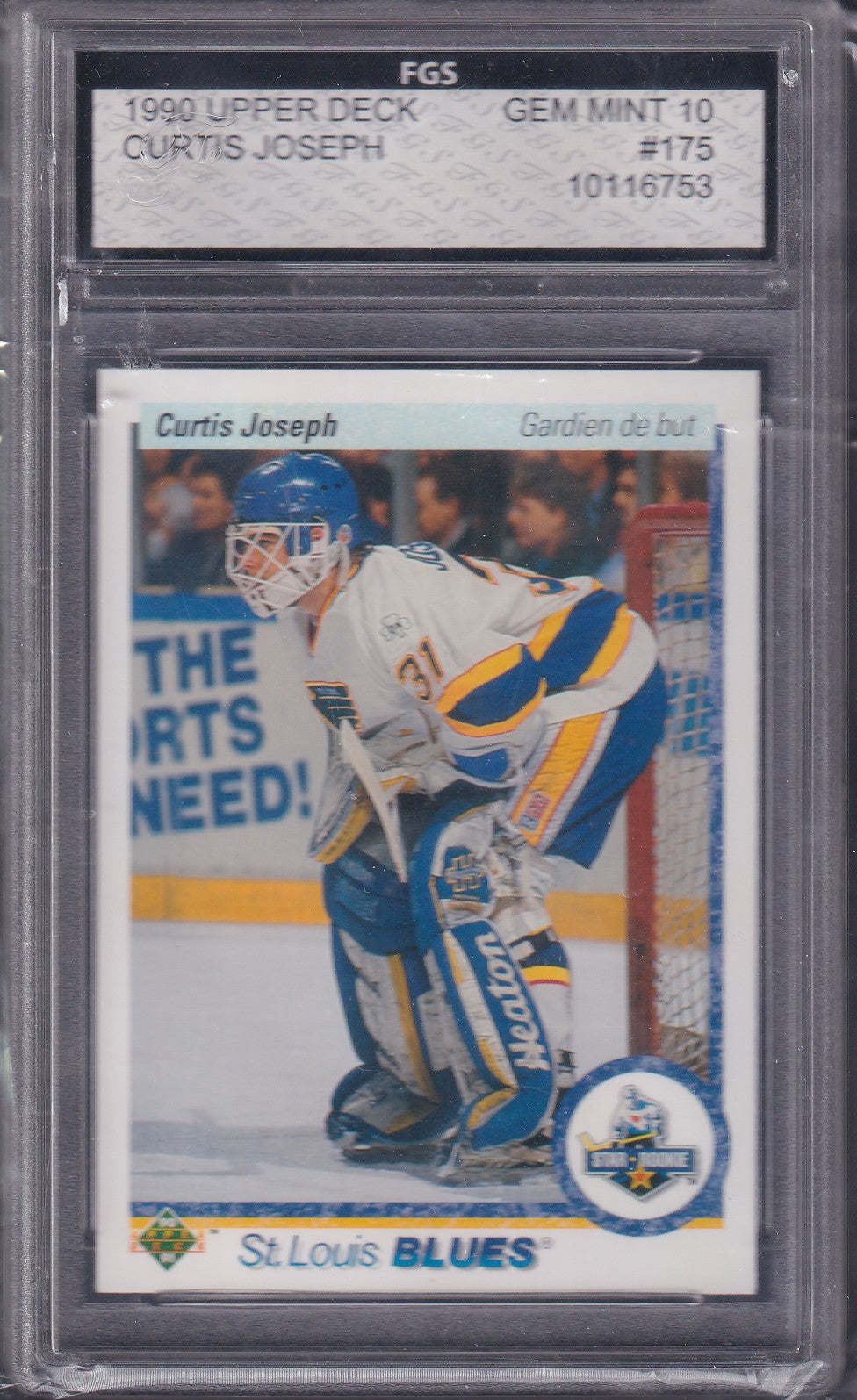 CURTIS JOSEPH - 1990 Upper Deck French Star Rookie #175, FGS 10