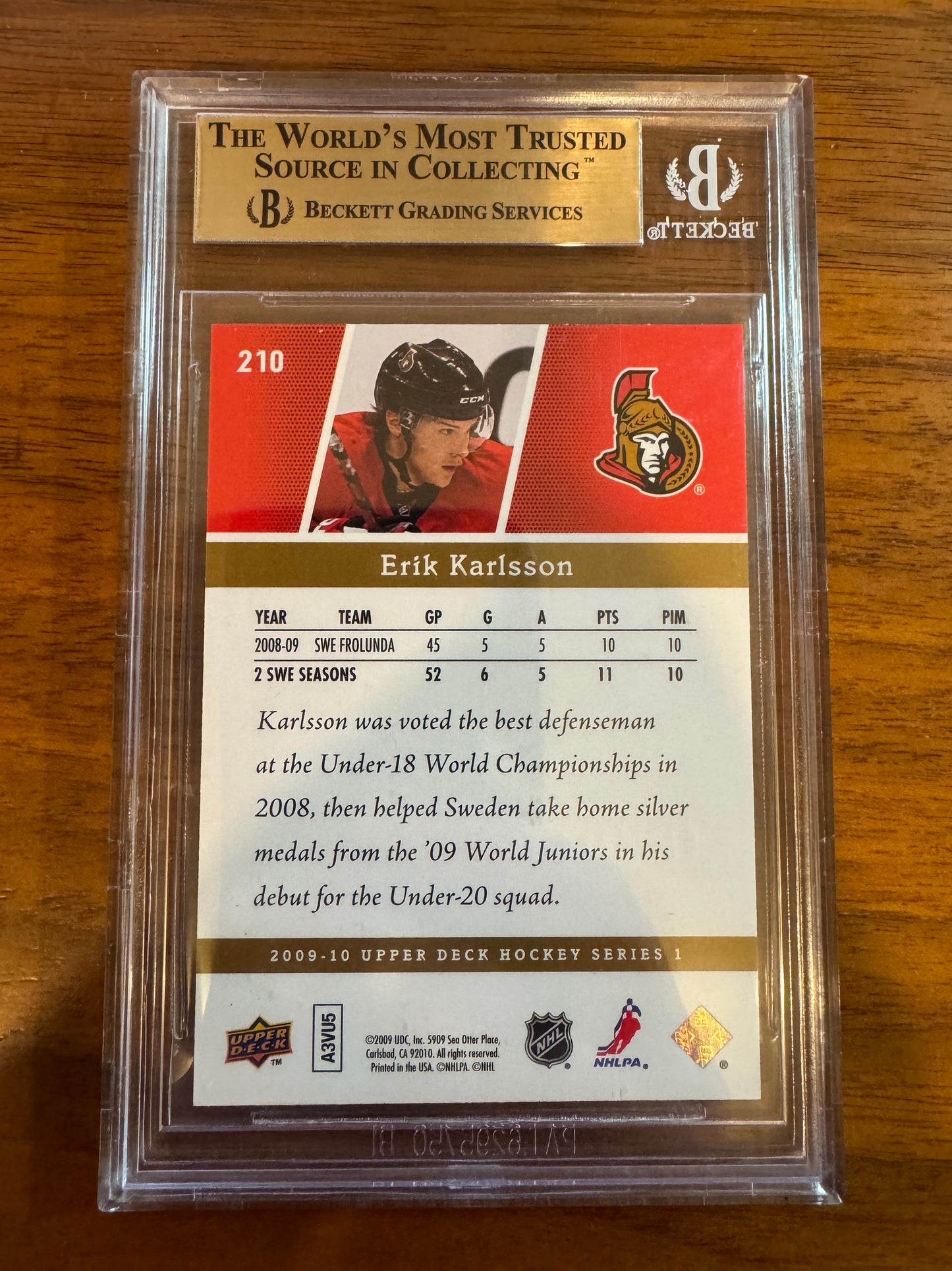 ERIK KARLSSON - 2009 Upper Deck Young Guns EXCLUSIVES #210, /100, BGS 9.5