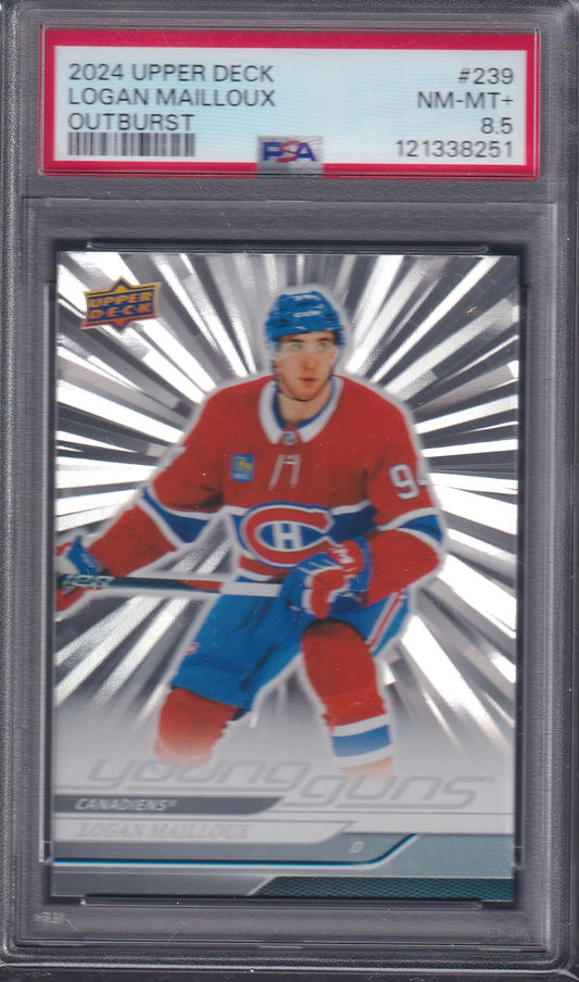 LOGAN MAILLOUX - 2024 Upper Deck Young Guns SILVER OUTBURST #239, PSA 8.5