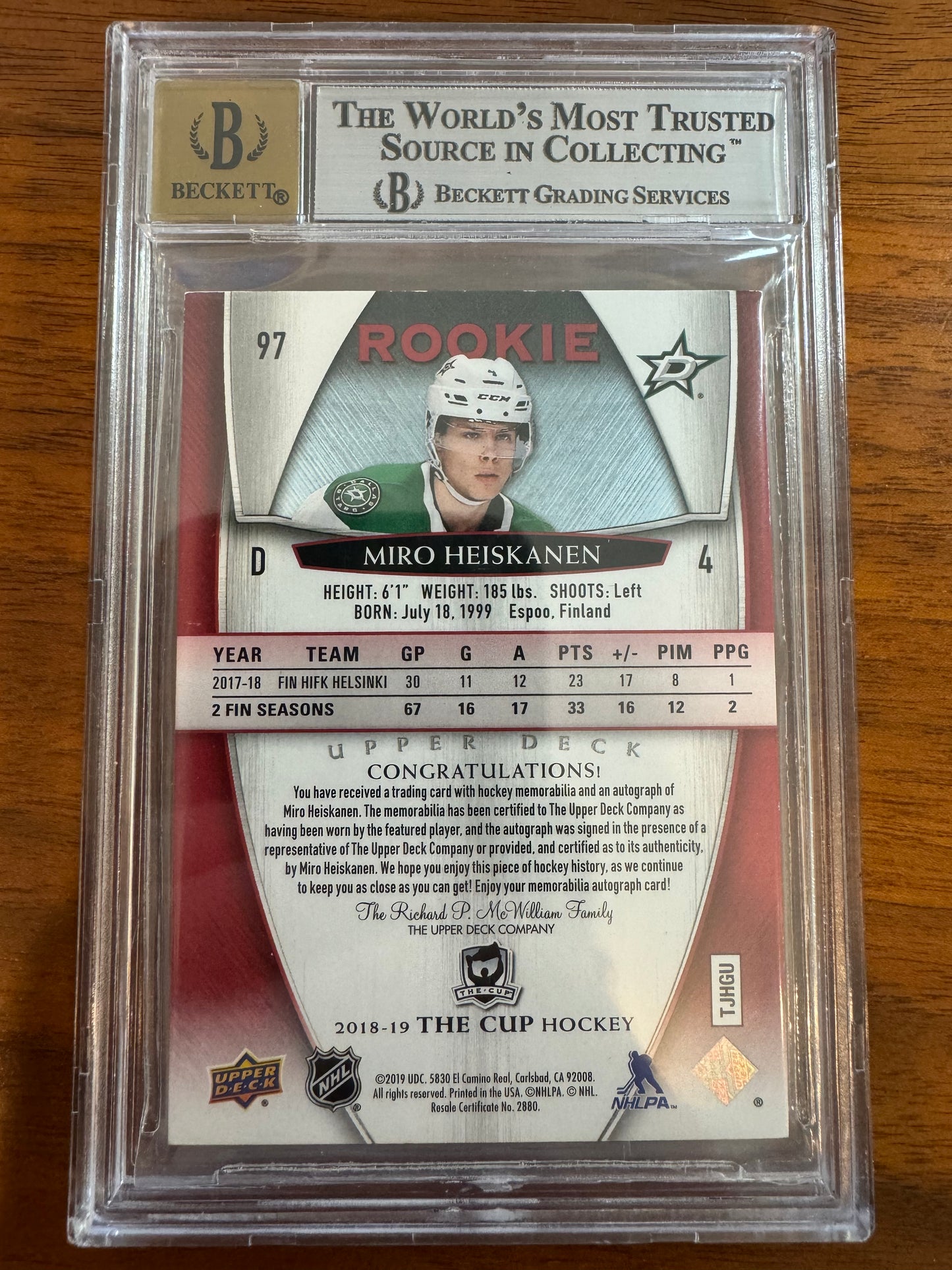 MIRO HEISKANEN - 2018 The Cup Rookie Auto Tag #97, /8, BGS 8.5/10