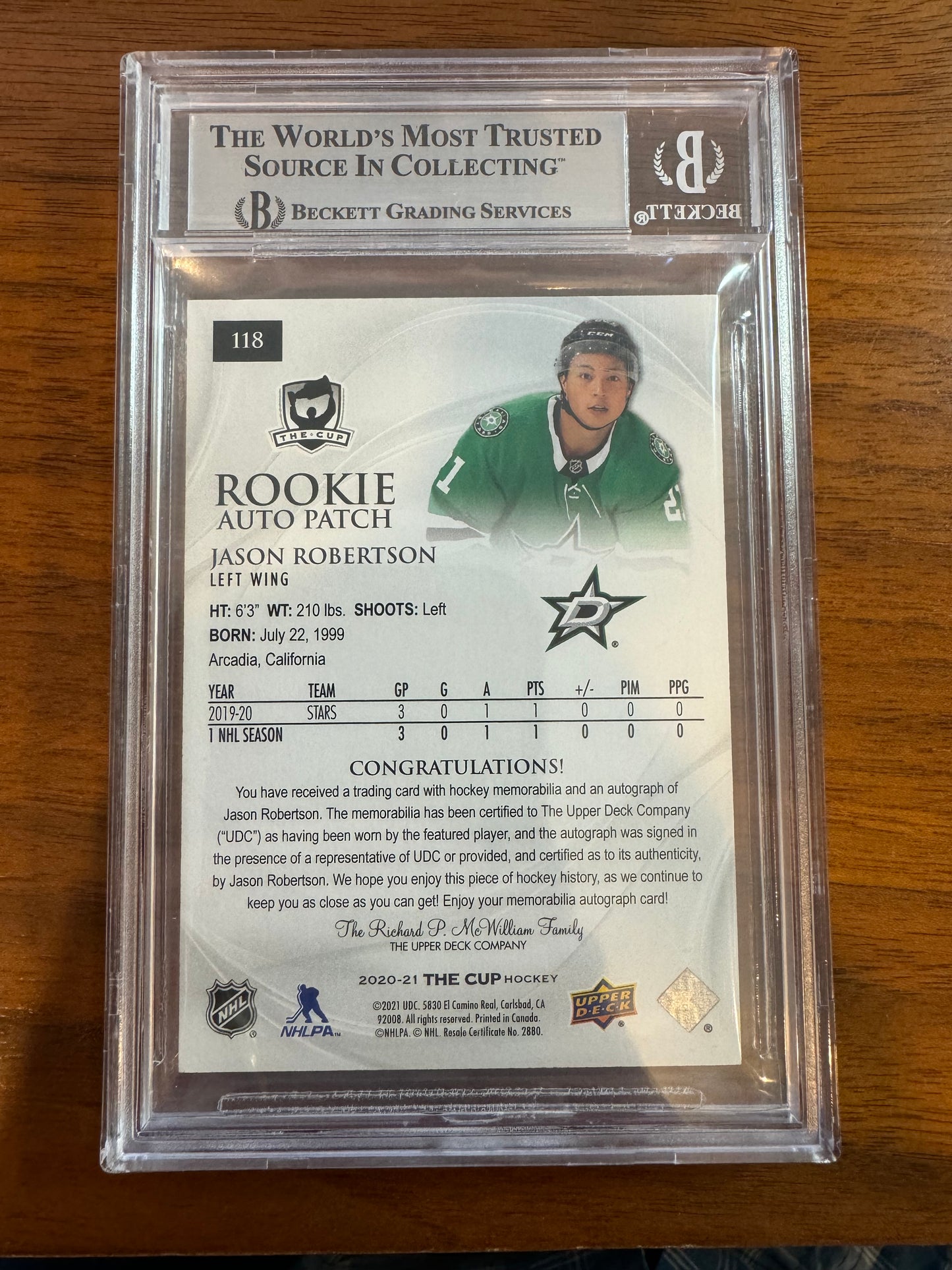 JASON ROBERTSON - 2020 The Cup Rookie Auto Patch #118, /249, BGS 8.5