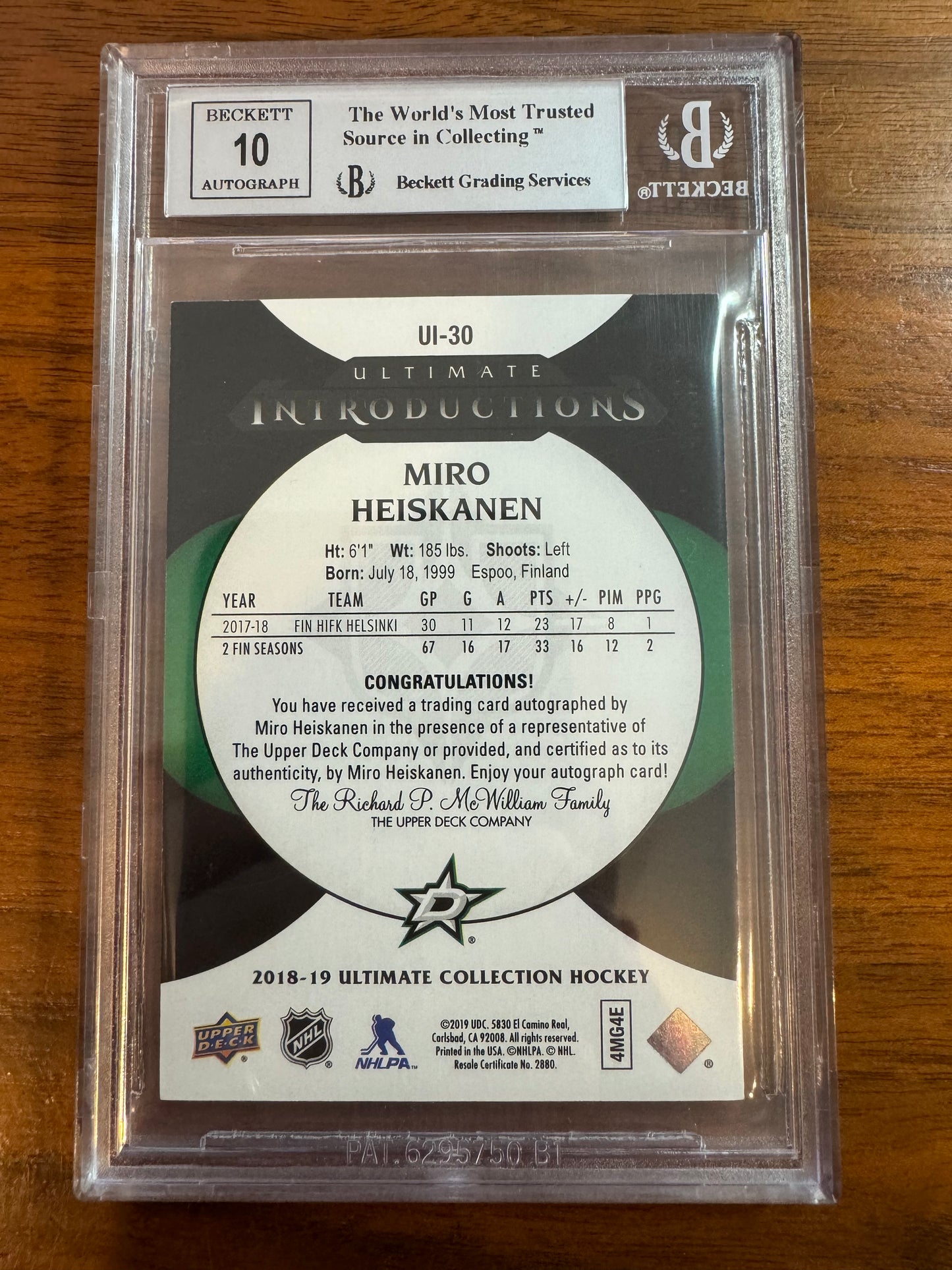 MIRO HEISKANEN - 2018 Ultimate Introductions Rookies Auto #UI-30, BGS 9/10, /10