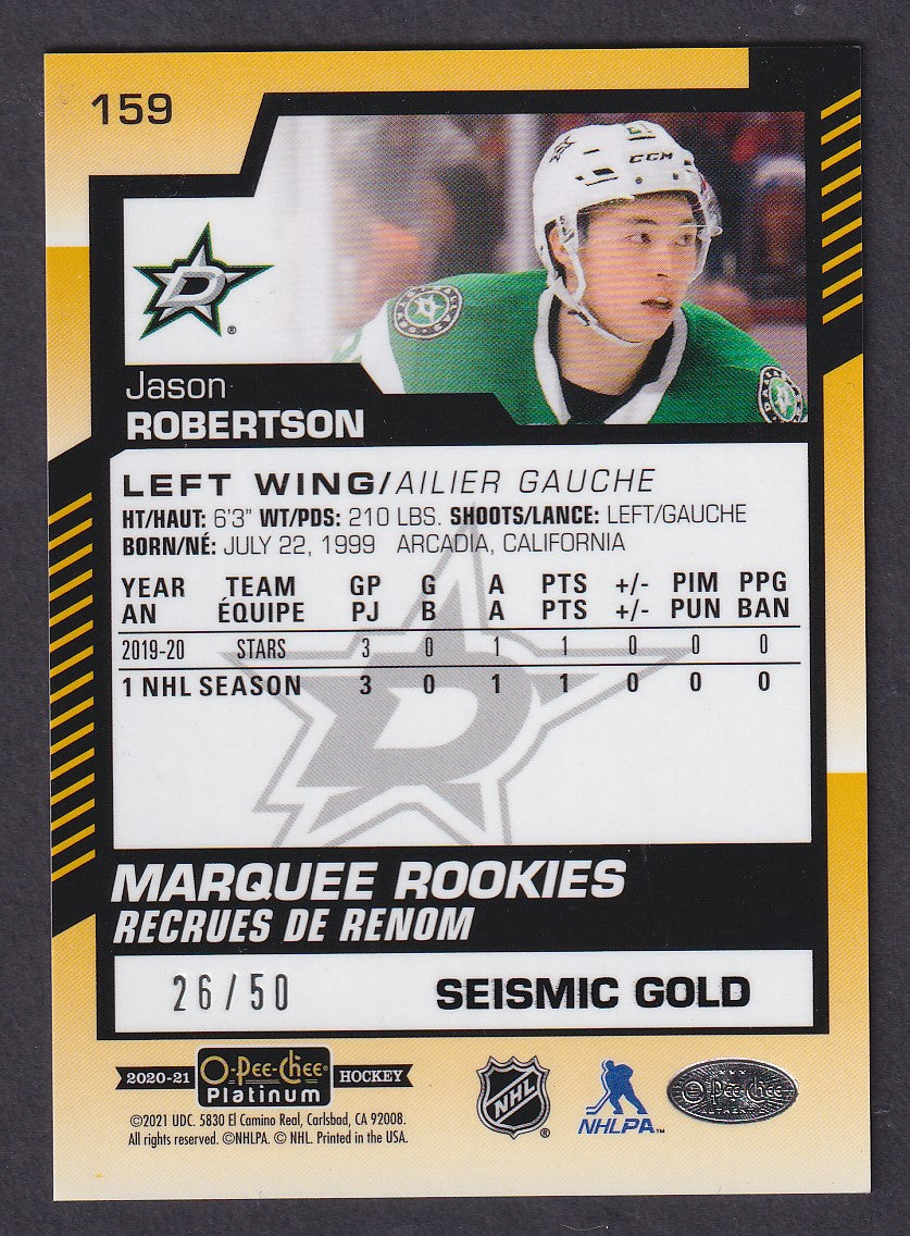 JASON ROBERTSON - 2020 OPC Platinum Marquee Rookies SEISMIC GOLD #159, /50