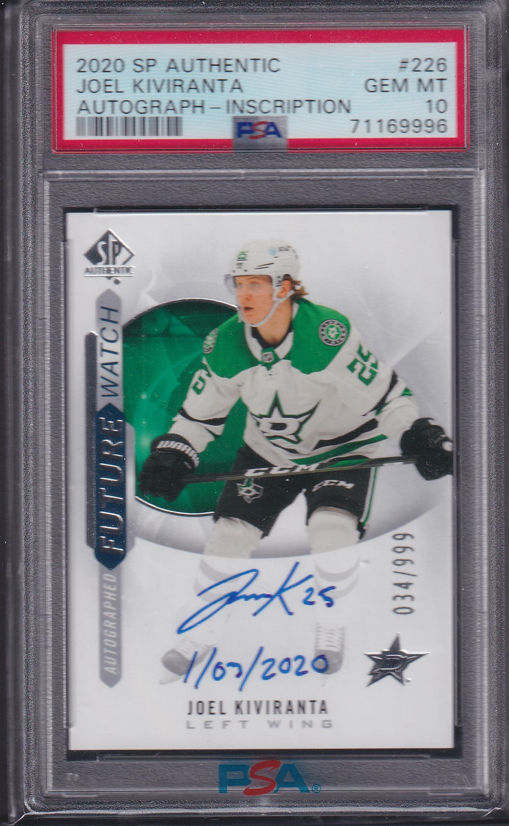 JOEL KIVIRANTA - 2020 SP Authentic Futrue Watch Auto INSCRIBED #226, /50, PSA 10