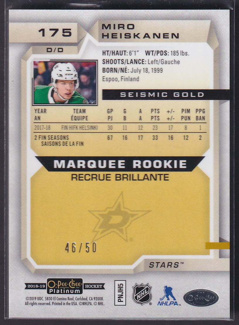 MIRO HEISKANEN - 2018 O-Pee-Chee Marquee Rookie SEISMIC GOLD #175, /50