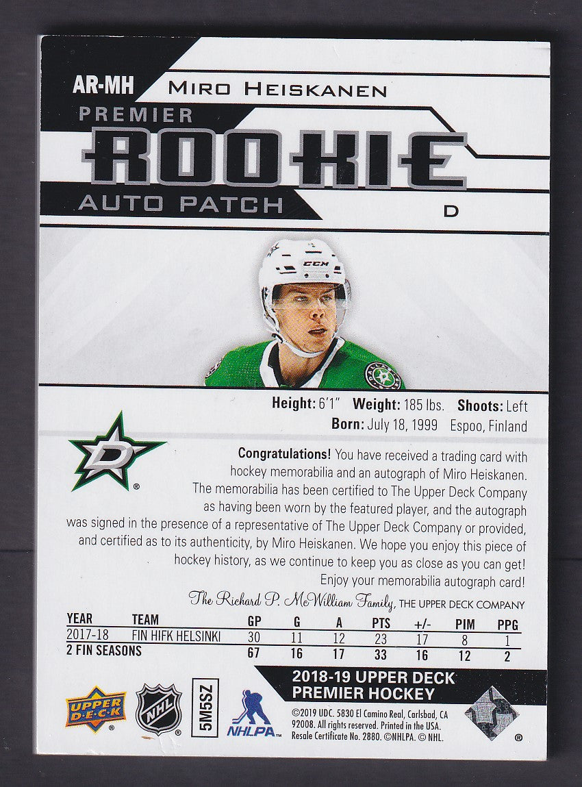 MIRO HEISKANEN - 2018 Upper Deck Premier Rookie Auto Patch #AR-MH, /99