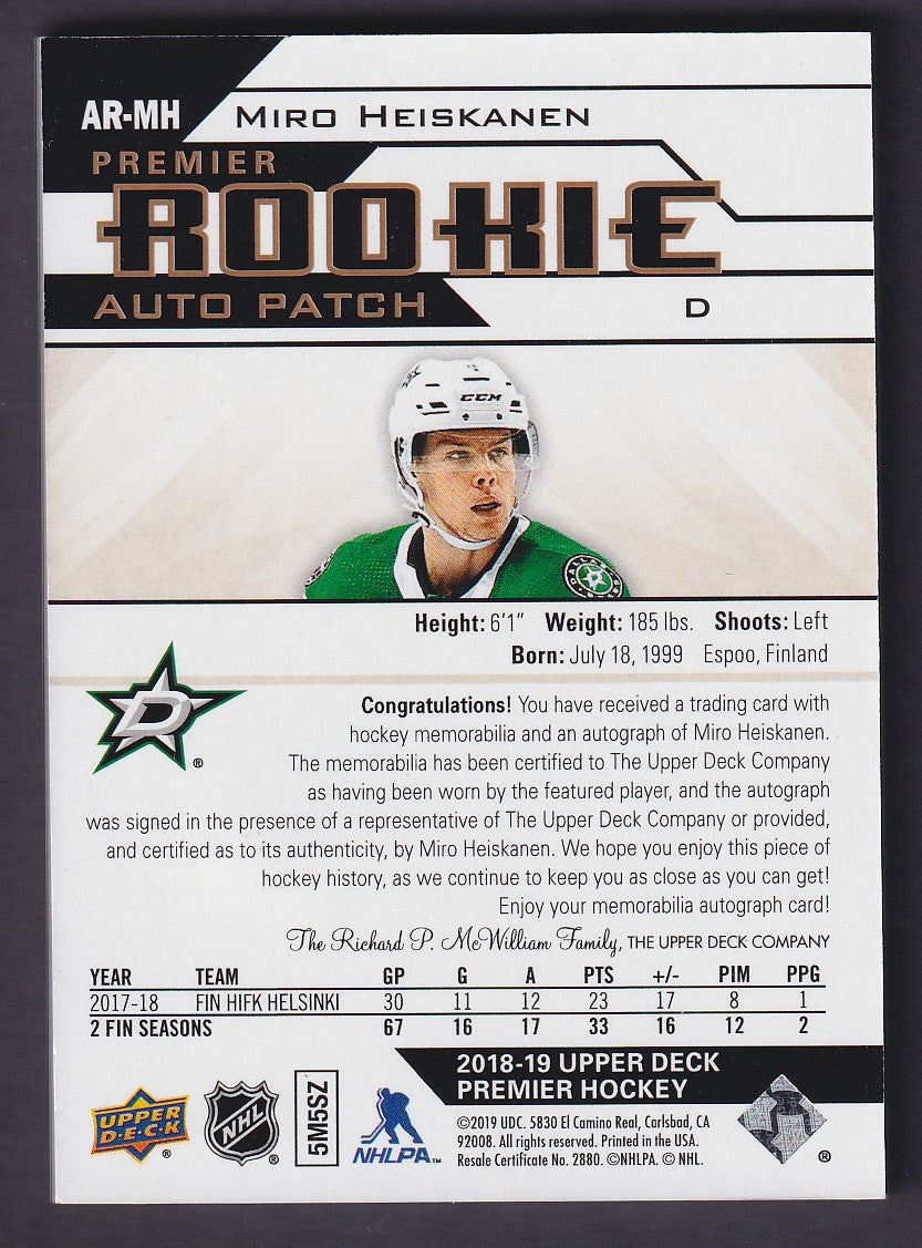 MIRO HEISKANEN - 2018 Upper Deck Premier Rookie Auto Patch GOLD #AR-MH, /25