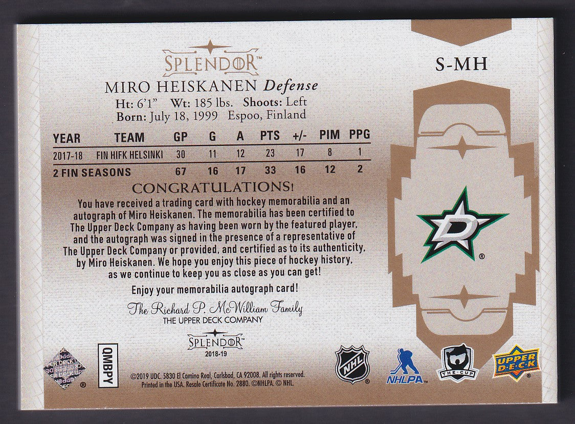MIRO HEISKANEN - 2018 Upper Deck Splendor Rookie Auto Patch #S-MH, /36