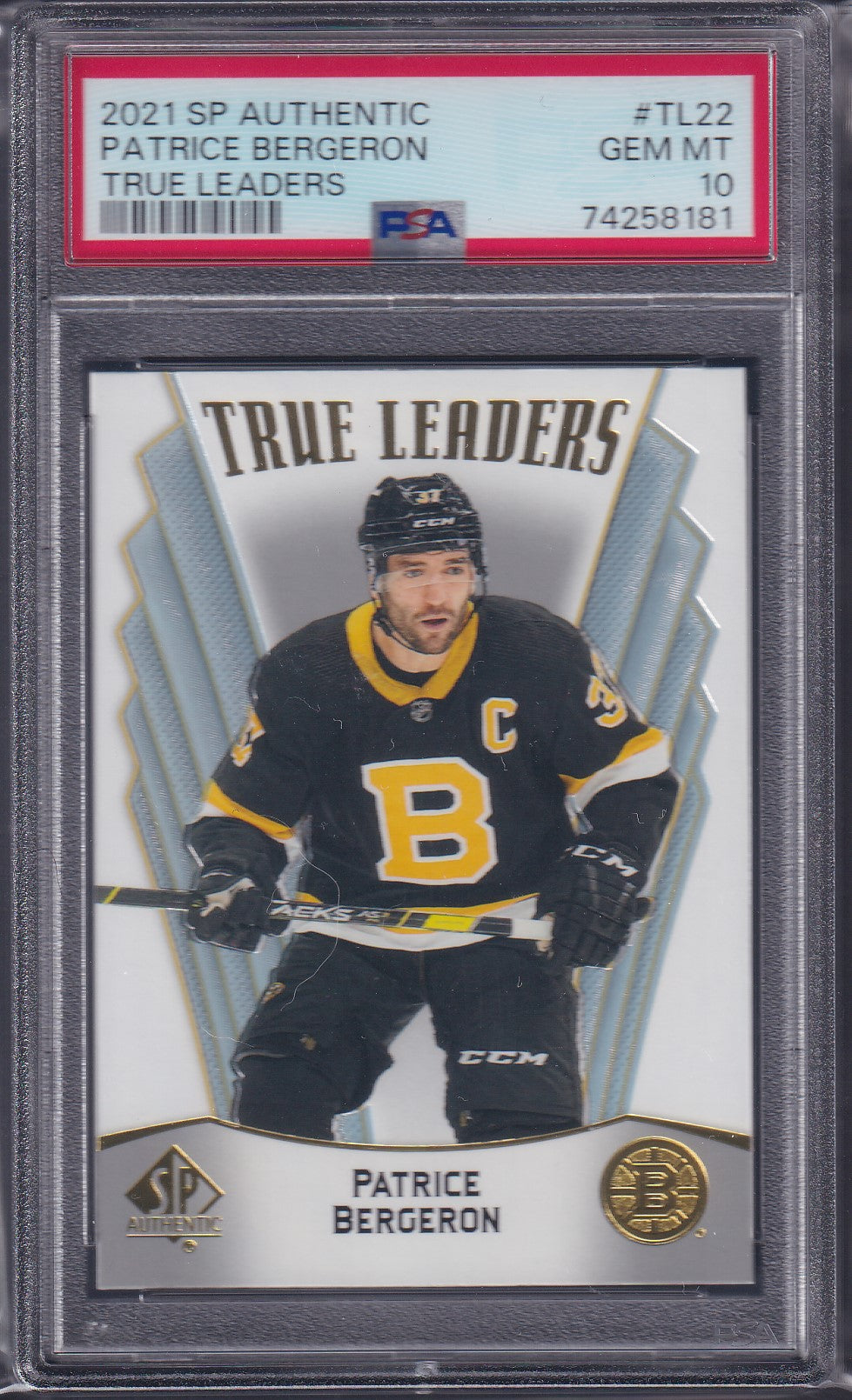 PATRICE BERGERON - 2021 SP Authentic True Leaders #TL22, PSA 10