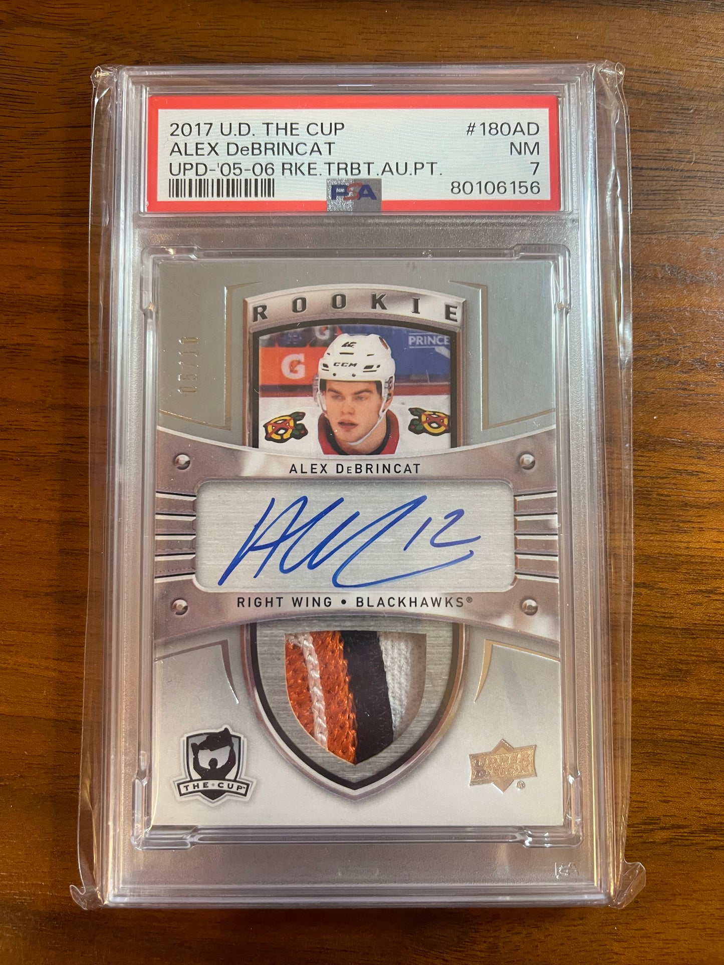 ALEX DEBRINCAT - 2017 Upper Deck The Cup Rookie Tribute Auto Patch #180AD, PSA 7