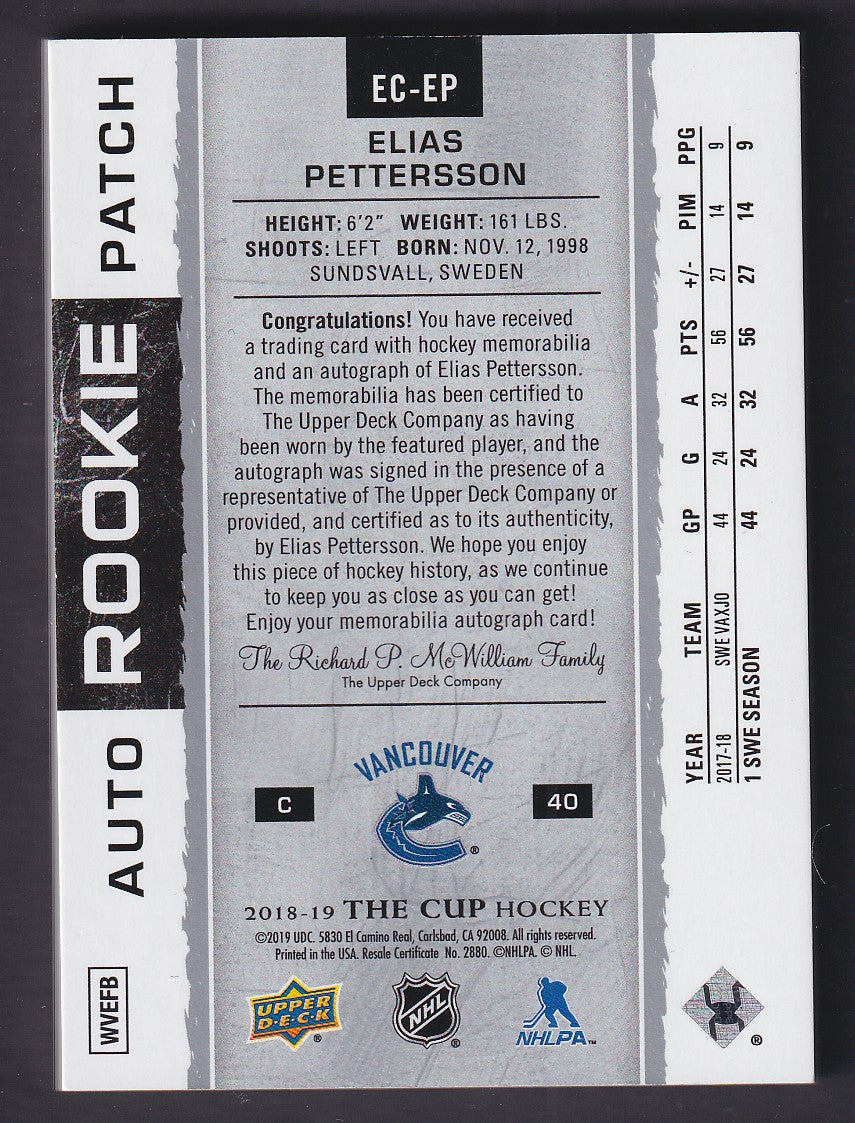 ELIAS PETTERSSON - 2018 The Cup Exquisite Rookie Auto Patch #EC-EP, /40