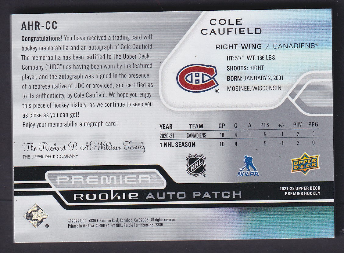 COLE CAUFIELD - 2021 UD Premier Rookie Auto Patch #AHR-CC, /49