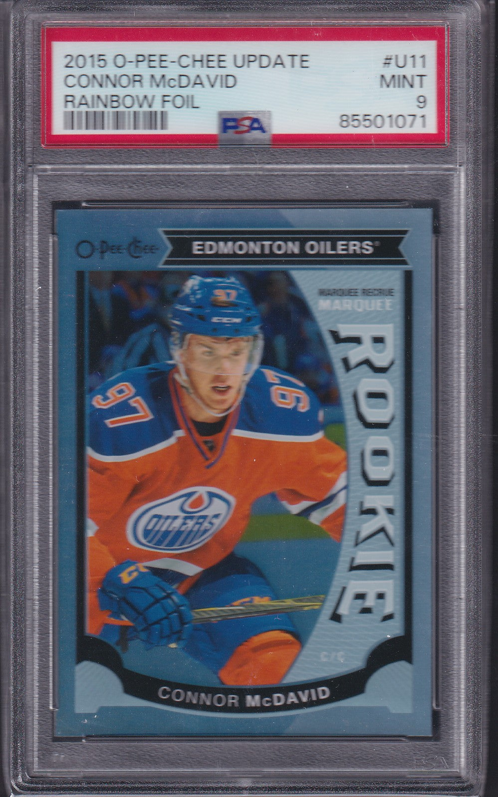 CONNOR MCDAVID - 2015 O-Pee-Chee Update Rookie RAINBOW FOIL #U11, PSA 9