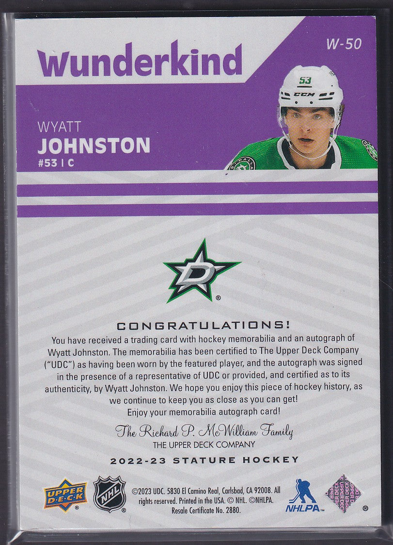 WYATT JOHNSTON - 2022 Upper Deck Stature Wunderkind Rookie Auto Patch #W-50, 1/1