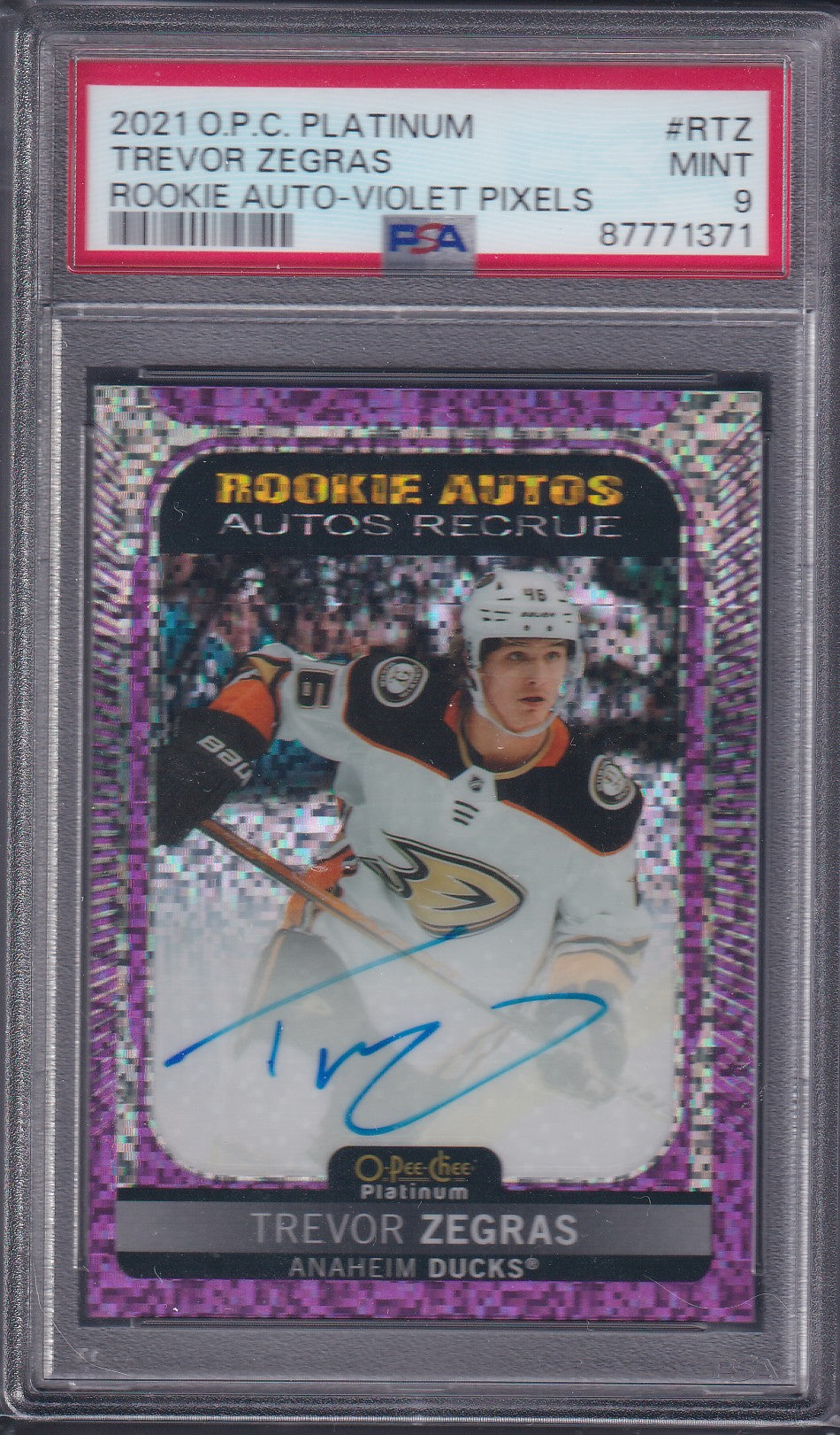 TREVOR ZEGRAS - 2021 O-Pee-Chee Platinum Rookie Autos VIOLET PIXELS #R-TZ, PSA 9