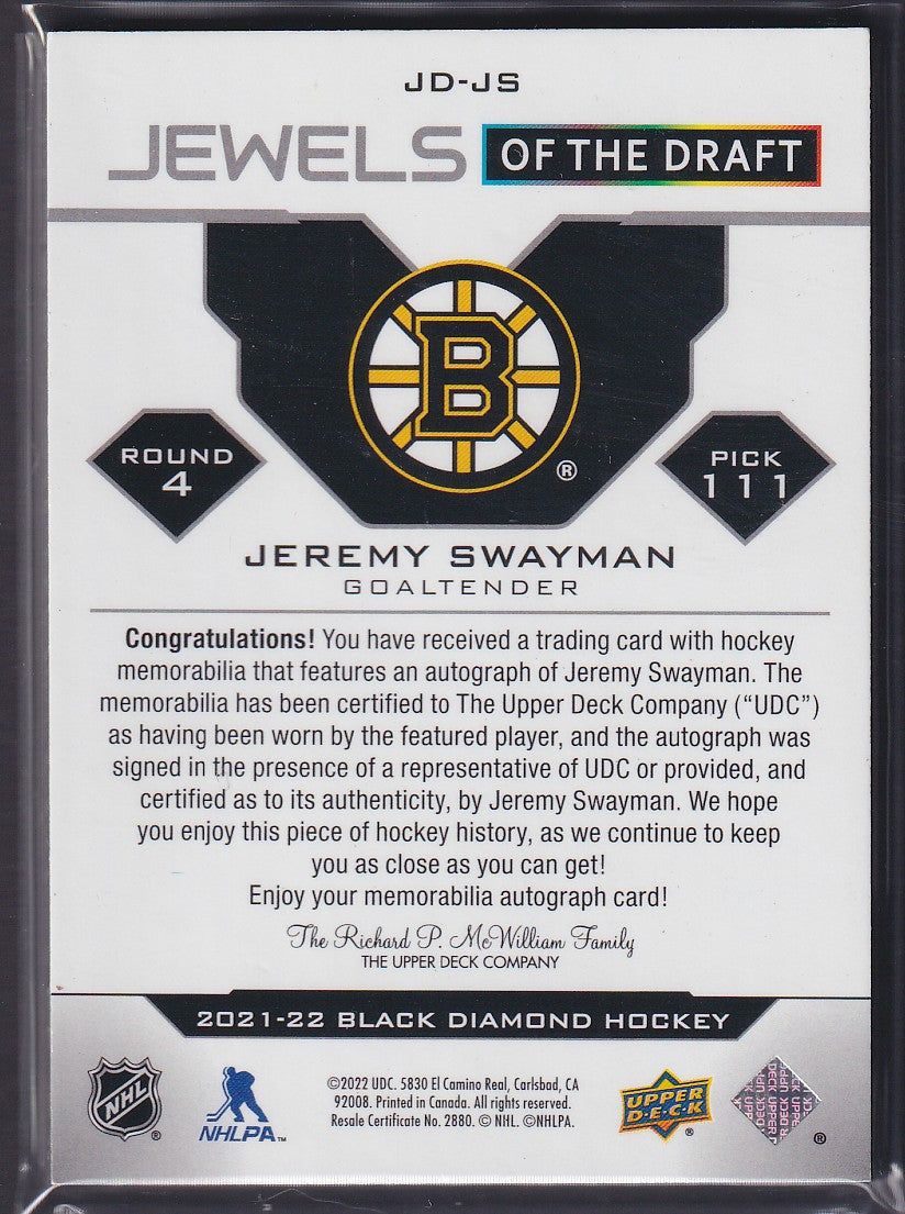 JEREMY SWAYMAN - 2021 UD Black Diamond Jewels of the Draft Rookie Auto Patch /99