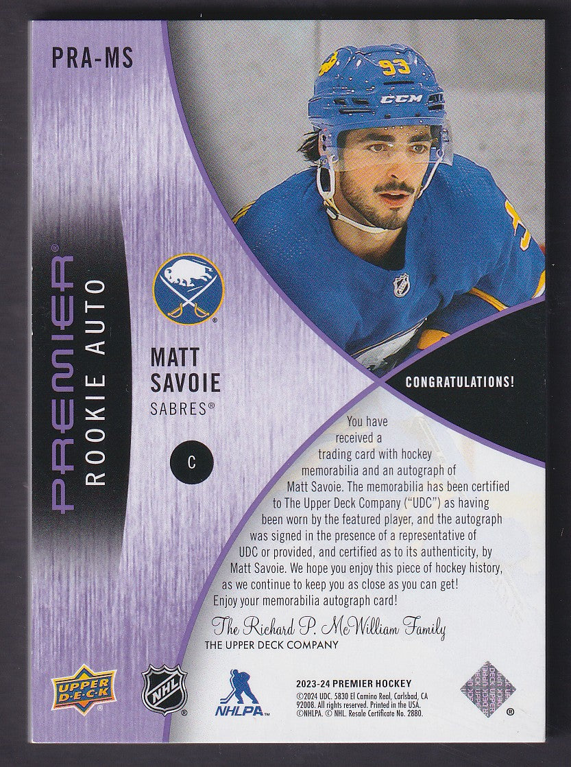 MATT SAVOIE - 2023 Upper Deck Premier Rookie Auto Quad Tag #PRA-MS, 1/1