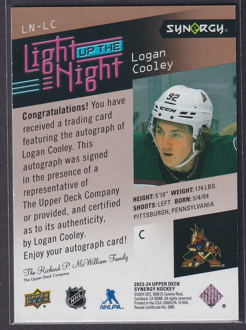 LOGAN COOLEY - 2023 Upper Deck Synergy Light up the Night Rookie Auto #LN-LC 1/1