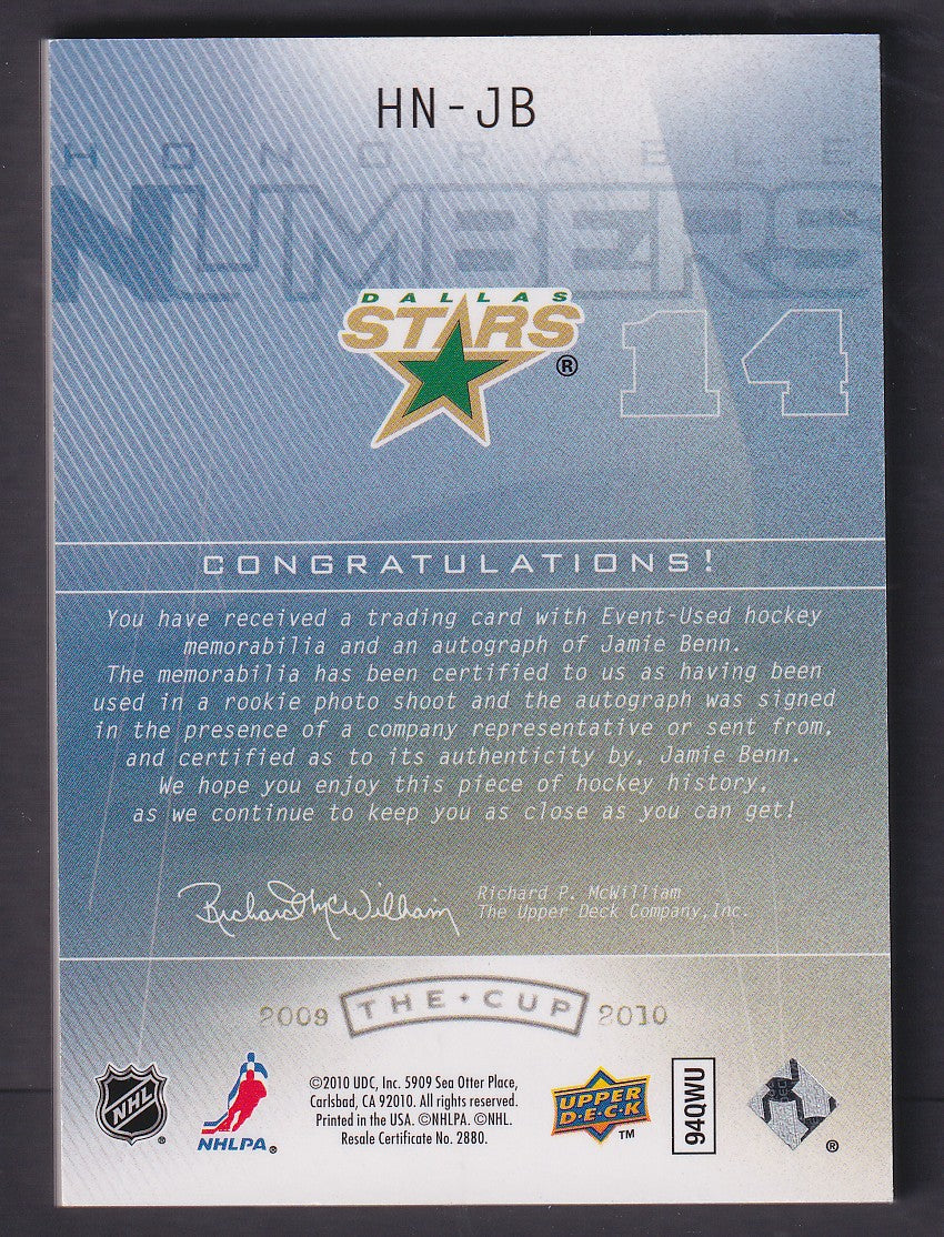 JAMIE BENN - 2009 The Cup Rookie Honorable Numbers #HN-JB, /14