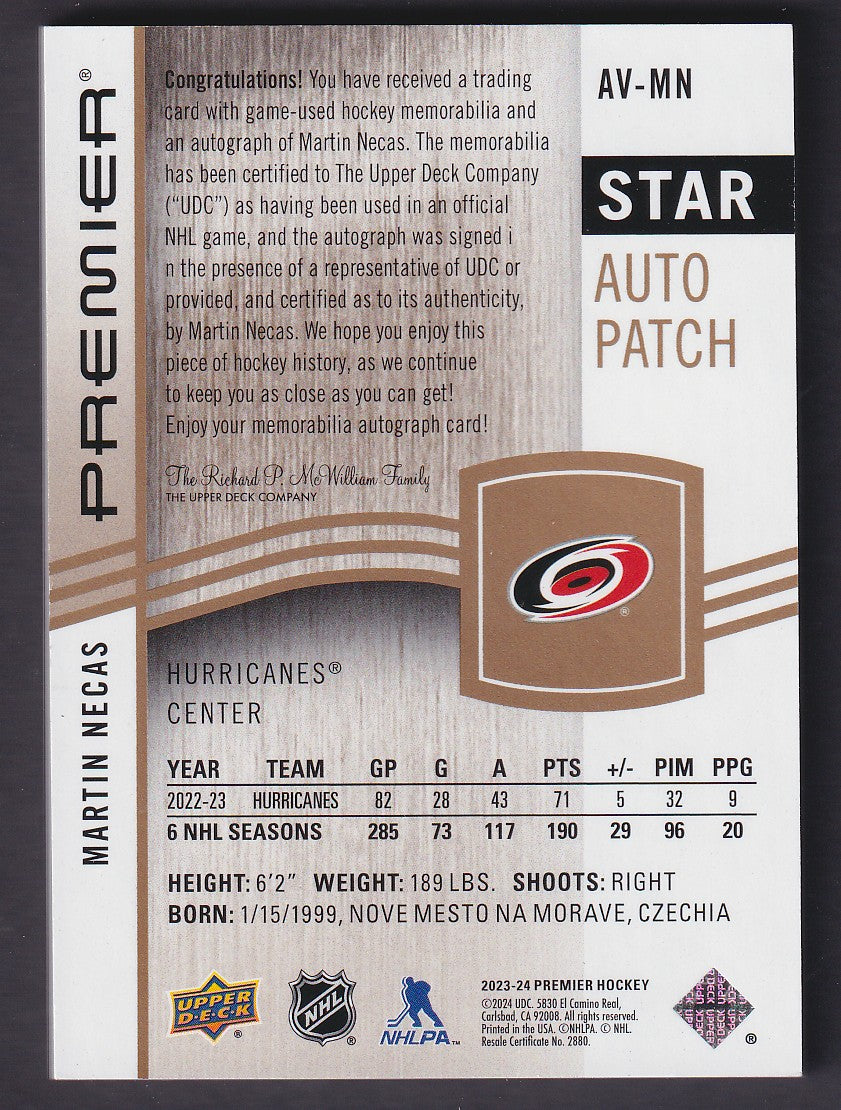 MARTIN NECAS - 2023 Upper Deck Premier Star Auto Patch #AV-MN, /10