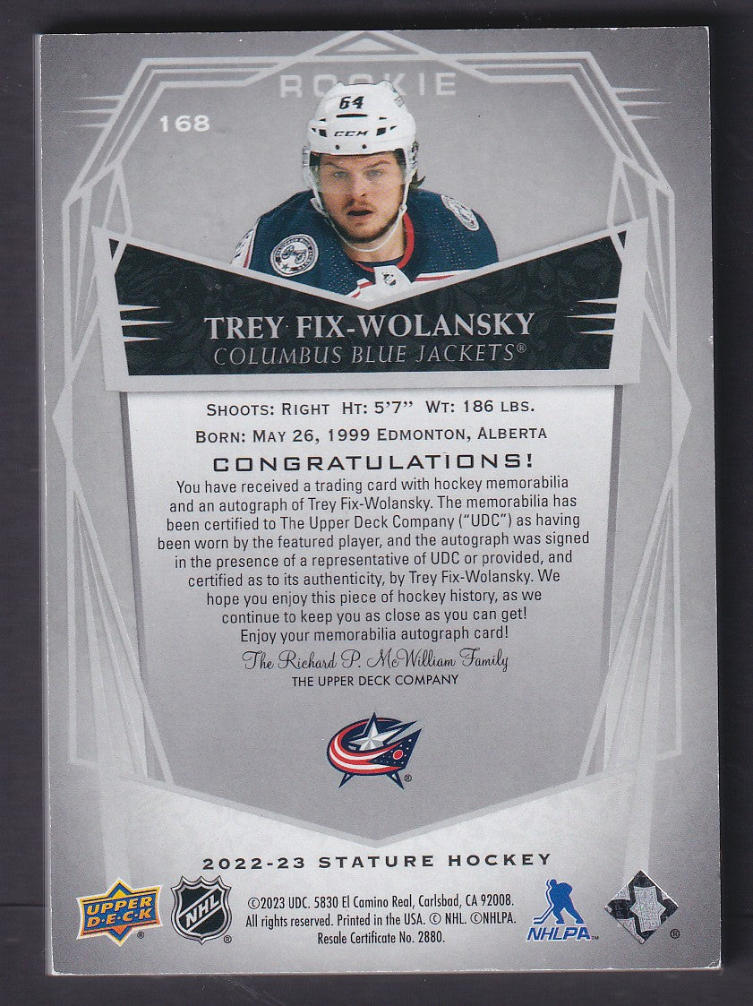 TREY FIX-WOLANSKY - 2022 Upper Deck Stature Rookie Auto Patch #168, /10