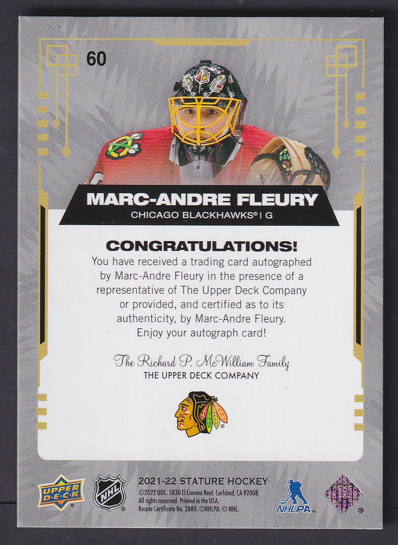 MARC-ANDRE FLEURY - 2021 Upper Deck Stature Auto #60, /10
