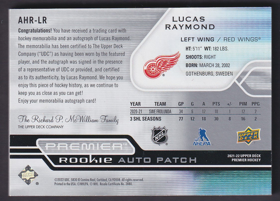 LUCAS RAYMOND - 2021 Upper Deck Premier Rookie Auto Patch #AHR-LR, /49