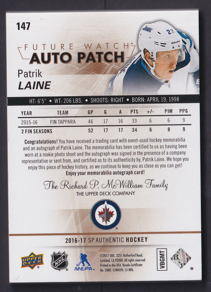 PATRIK LAINE - 2016 SP Authentic Future Watch Auto Patch #147, /100