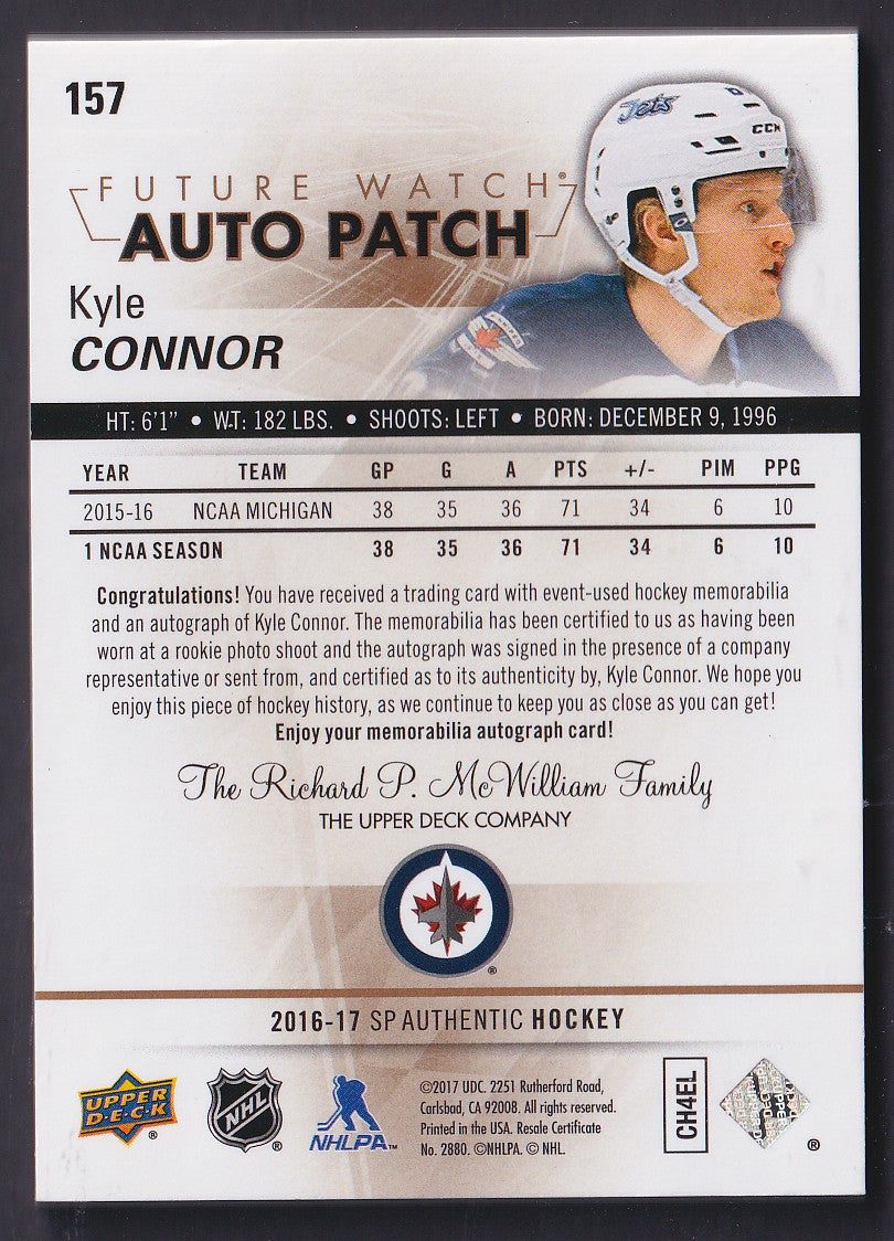 KYLE CONNOR - 2016 SP Authentic Future Watch Auto Patch #157, /100