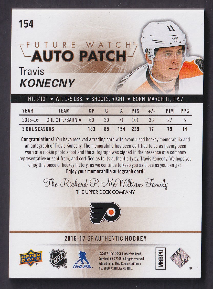 TRAVIS KONECNY - 2016 SP Authentic Future Watch Auto Patch #154, /100