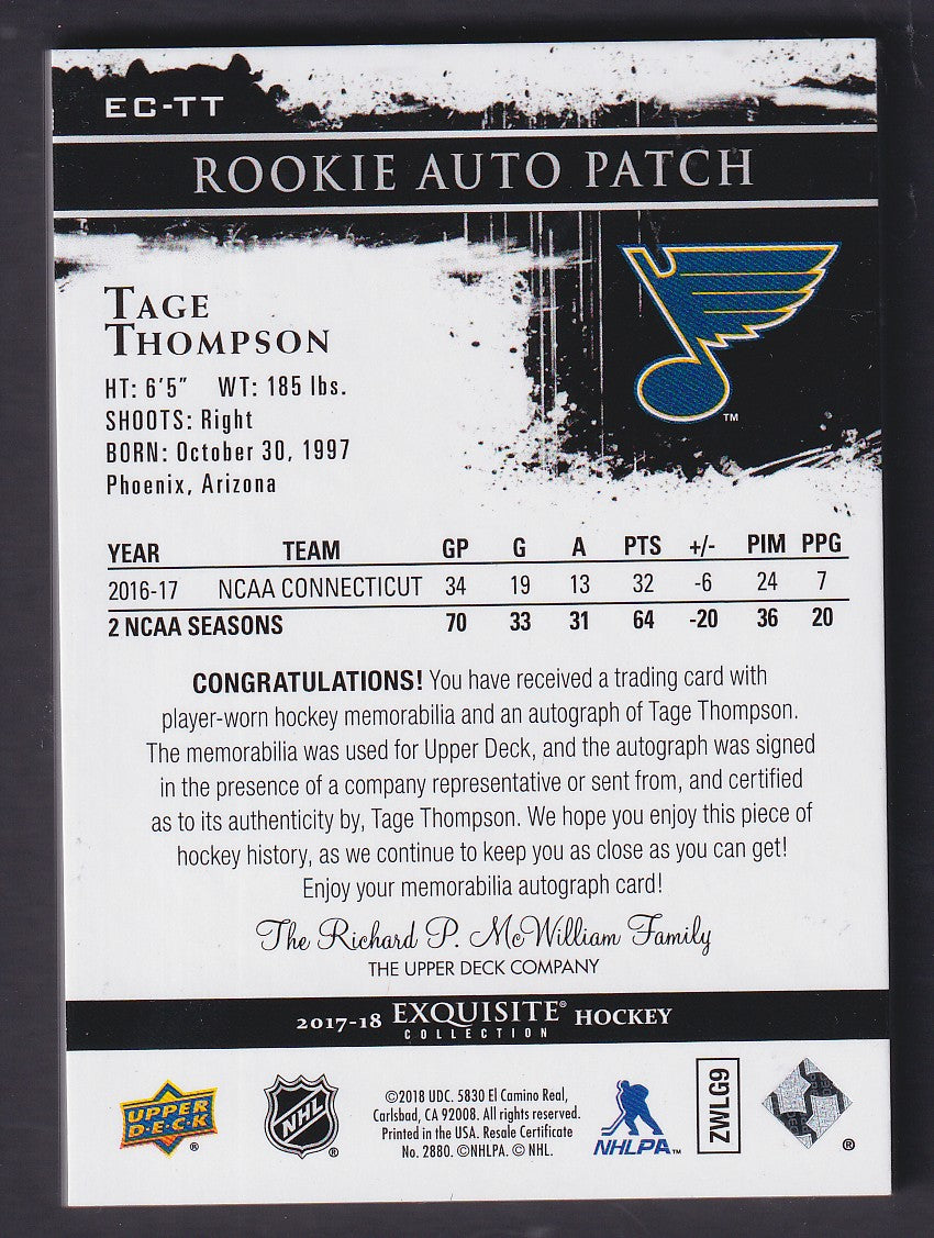 TAGE THOMPSON - 2017 Upper Deck Exquisite Rookie Auto Patch #EC-TT, /32 READ
