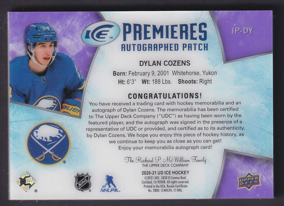 DYLAN COZENS - 2020 Upper Deck Ice Premieres Rookie Auto Patch #IP-DY, /10