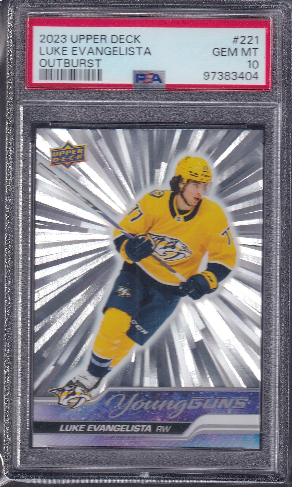 LUKE EVANGELISTA - 2023 Upper Deck Young Guns SILVER OUTBURST #221, PSA 10