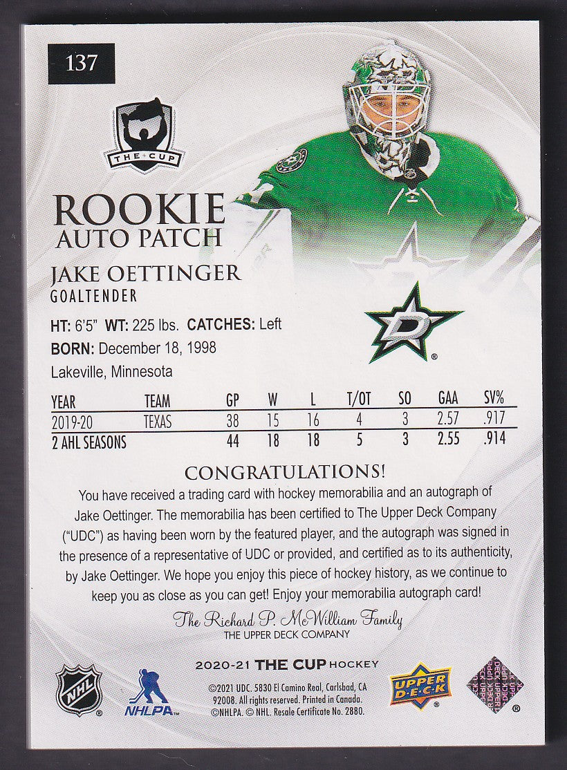 JAKE OETTINGER - 2020 The Cup Rookie Auto Patch #137, /24