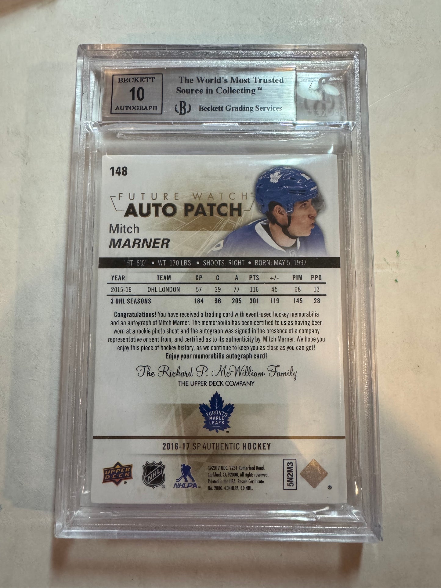 MITCH MARNER - 2016 SP Authentic Future Watch Auto Patch #148, /100, BGS 8.5/10