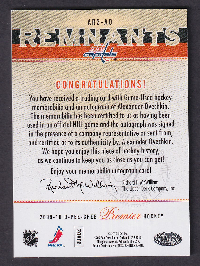 ALEXANDER OVECHKIN - 2009 O-Pee-Chee Premier Remnants Auto Patch #AR3-AO, /25