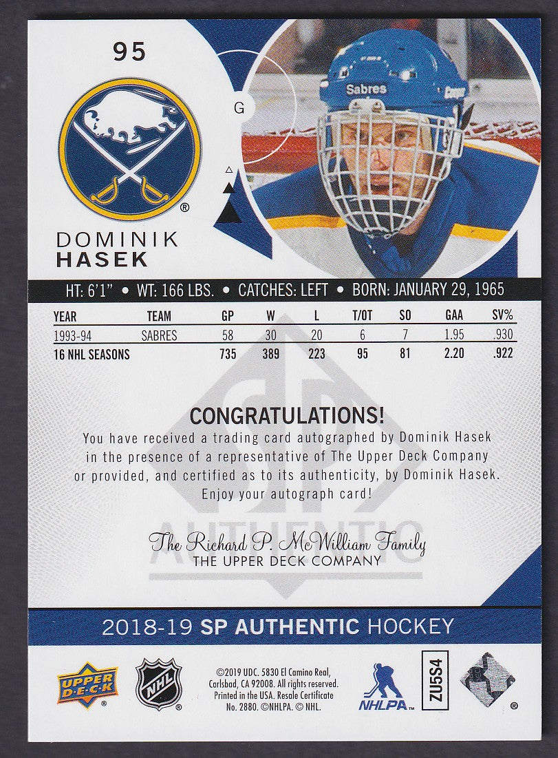 DOMINIK HASEK - 2018 SP Authentic Limited Auto #95, SSP, 1:3614 Rarity