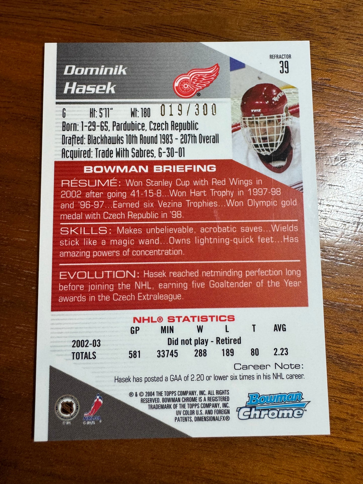 DOMINIK HASEK - 2003 Bowman Chrome REFRACTOR #39, /300