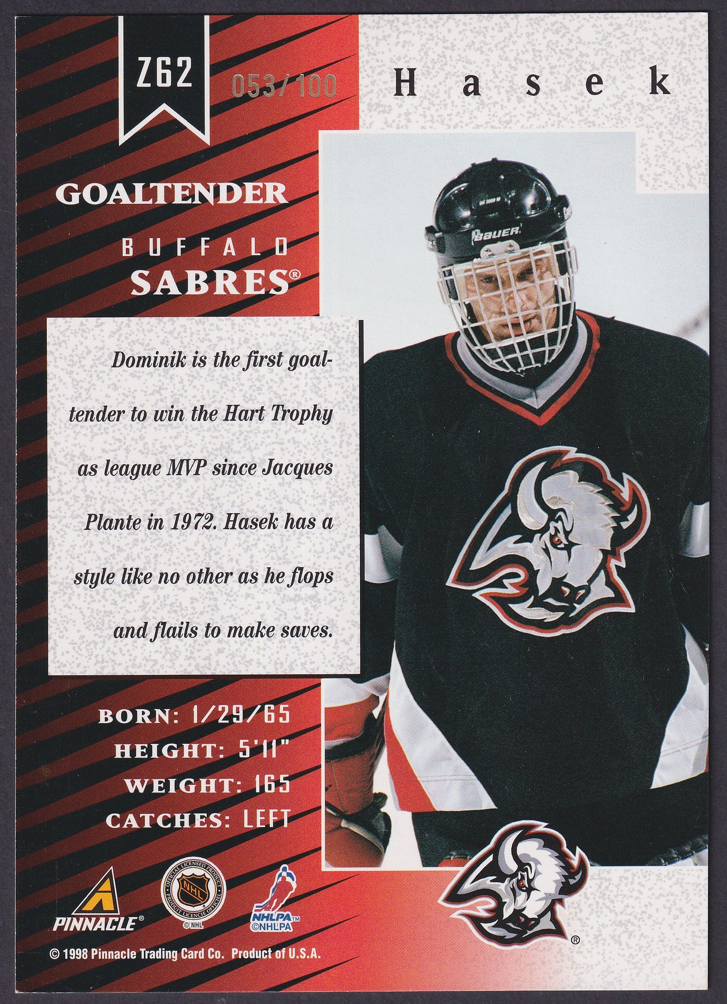 DOMINIK HASEK - 1997 Pinnacle Zenith GOLD IMPULSE UNCUT #Z62, /100