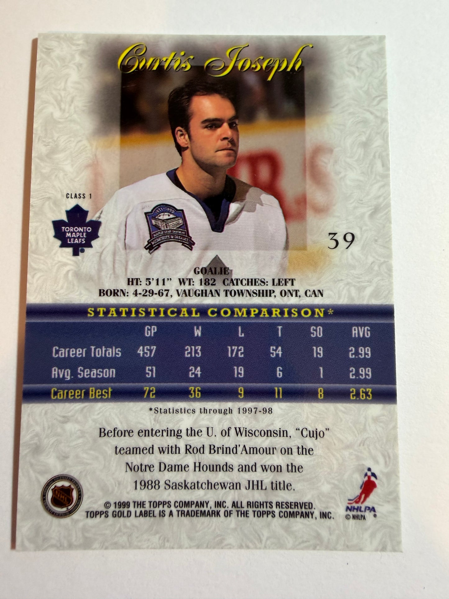 CURTIS JOSEPH - 1998 Topps Gold Label Black Class 1 #39