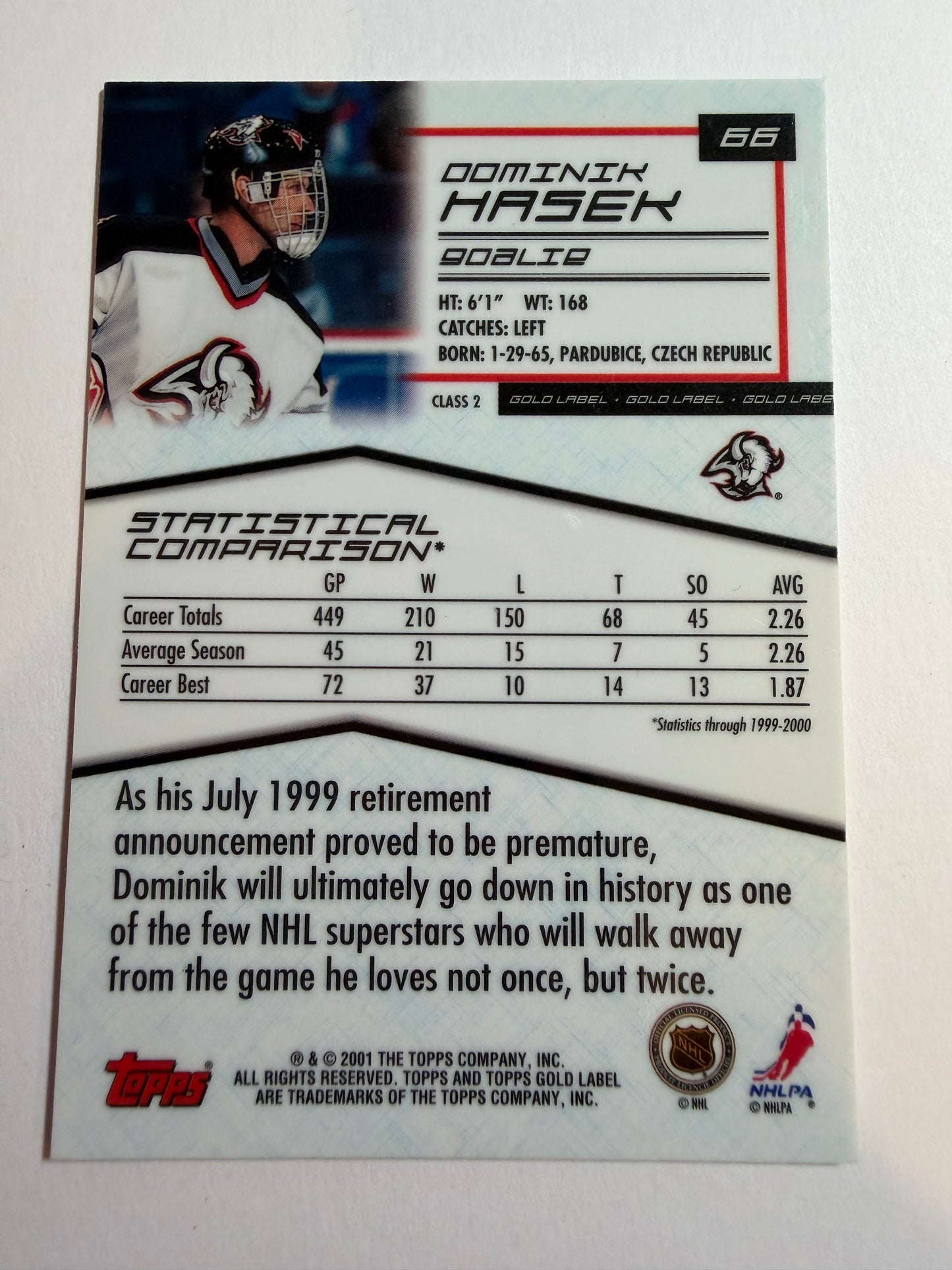 DOMINIK HASEK - 2000 Topps Gold Label Class 2 #66