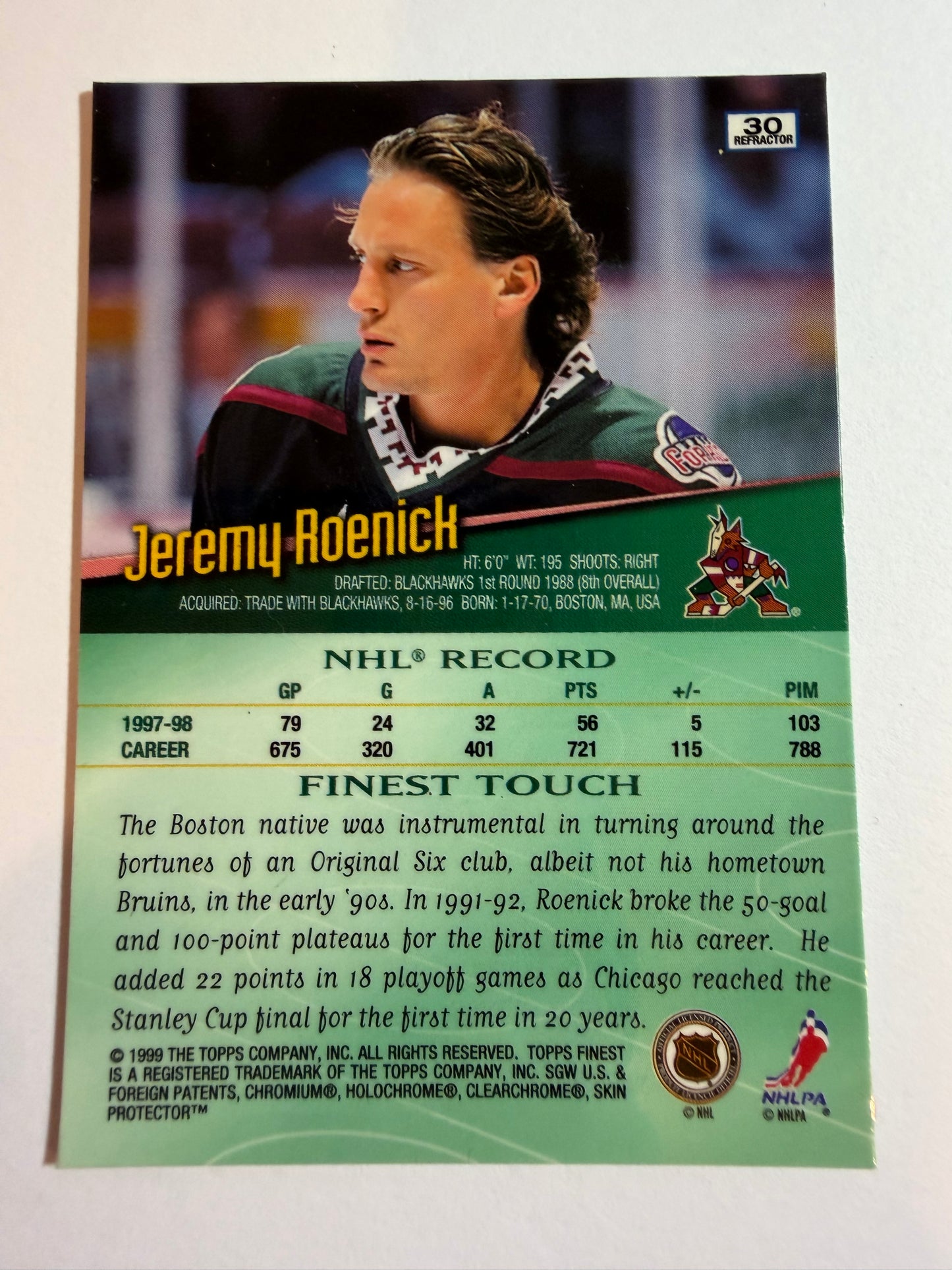 JEREMY ROENICK - 1998 Topps Finest Refractor #30
