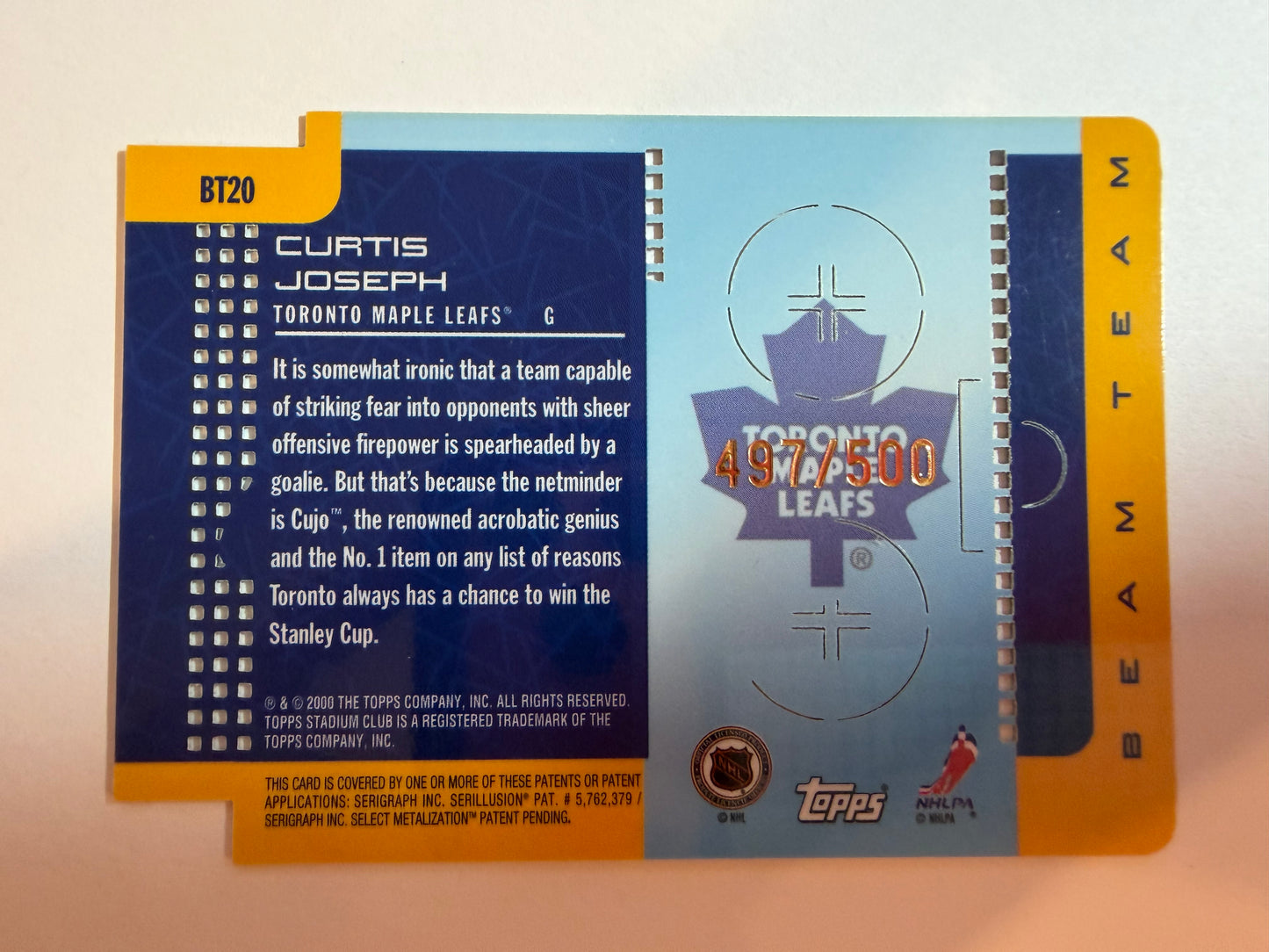 CURTIS JOSEPH - 2000 Topps Stadium Club Beam Team #BT20, /500