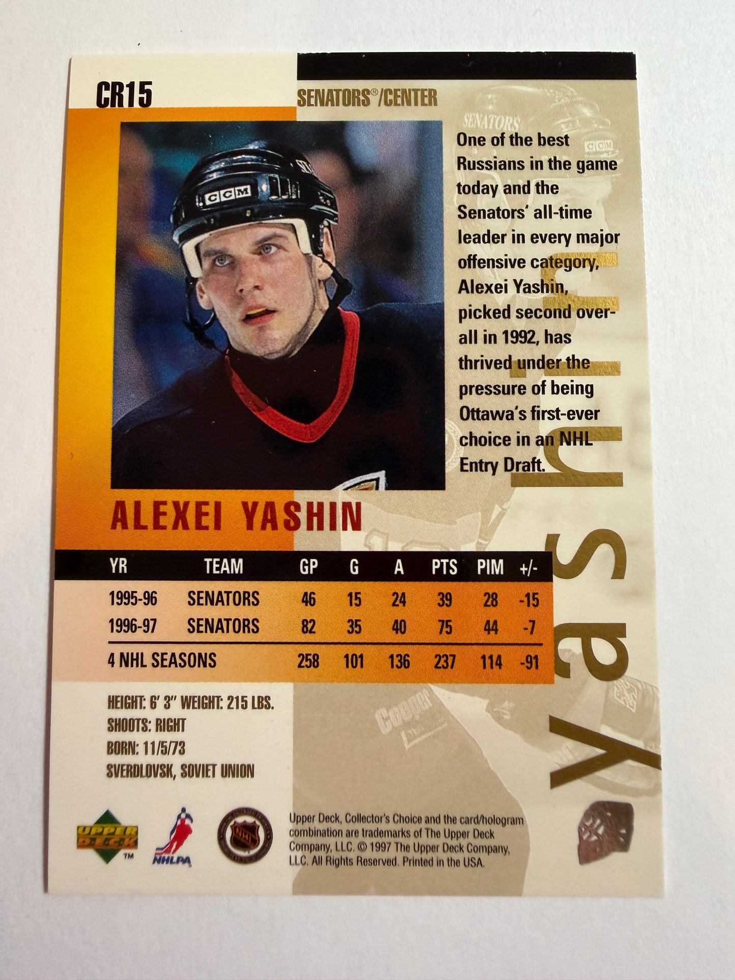 ALEXEI YASHIN - 1997 UD Collector's Choice You Crash the Game Gold #CR15 (corner