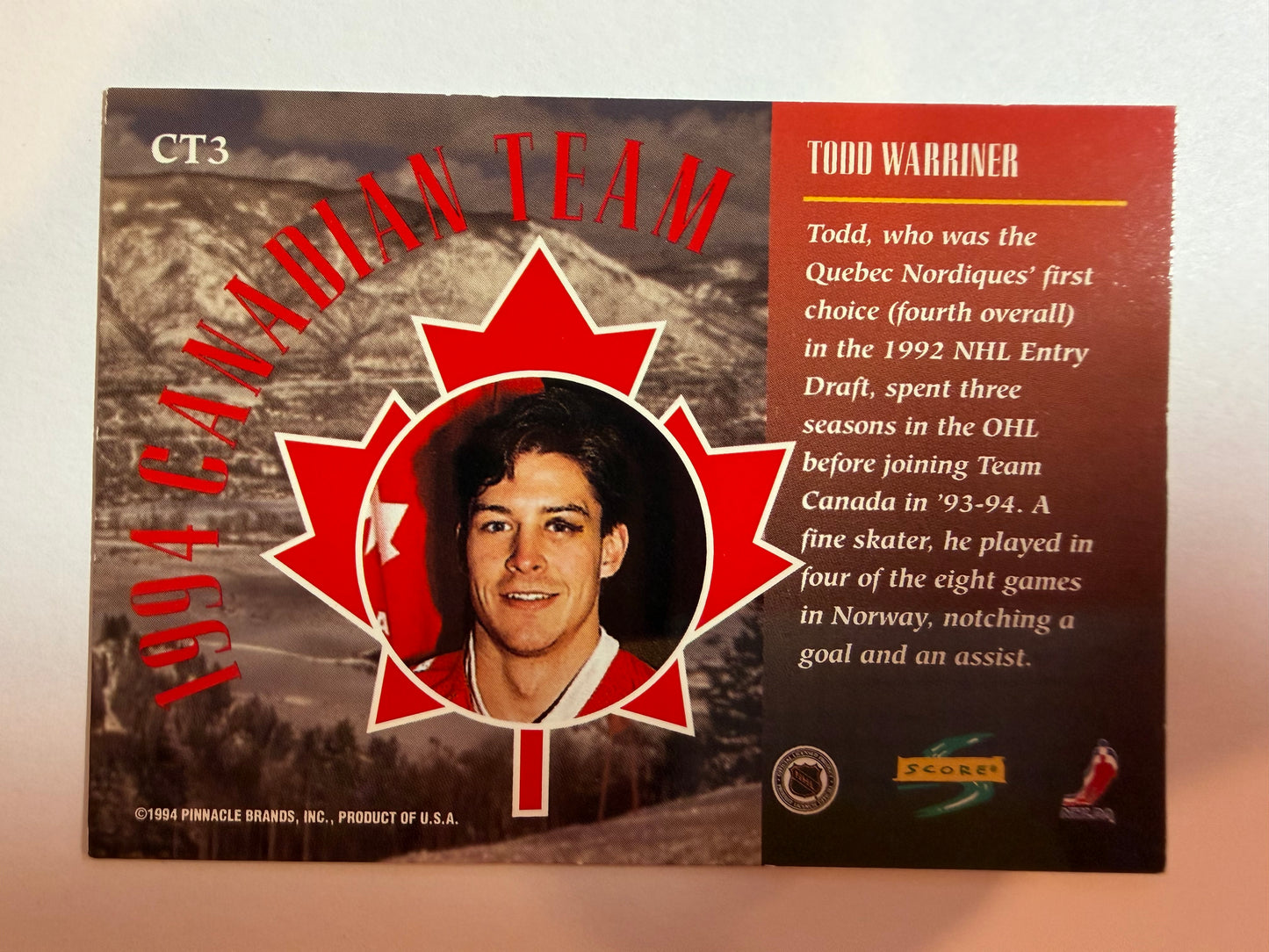 TODD WARRINER - 1994 Score Canadian Team Hologram #CT3