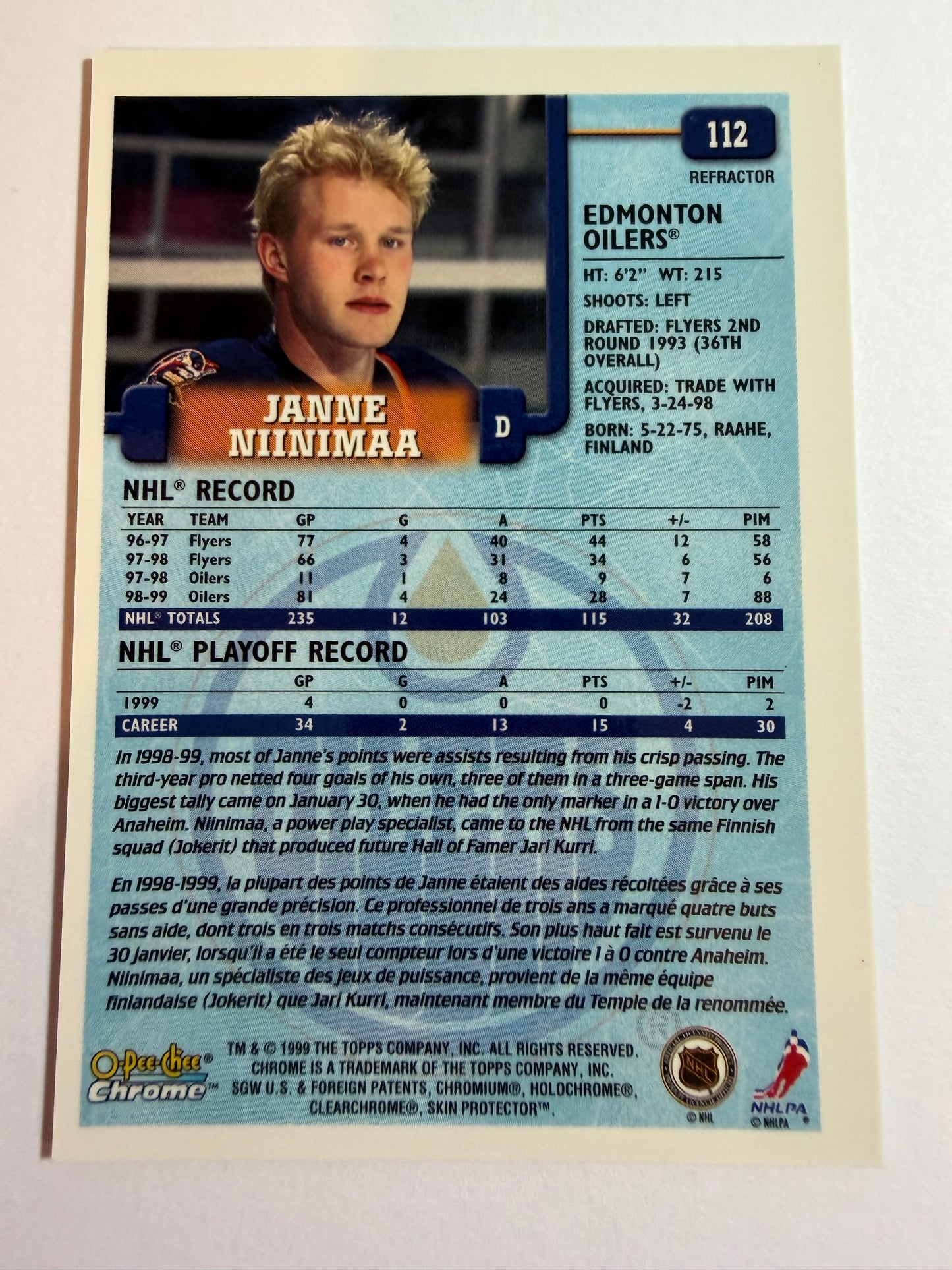 JANNE NIINIMAA - 1999 O-Pee-Chee Chrome Refractor #112