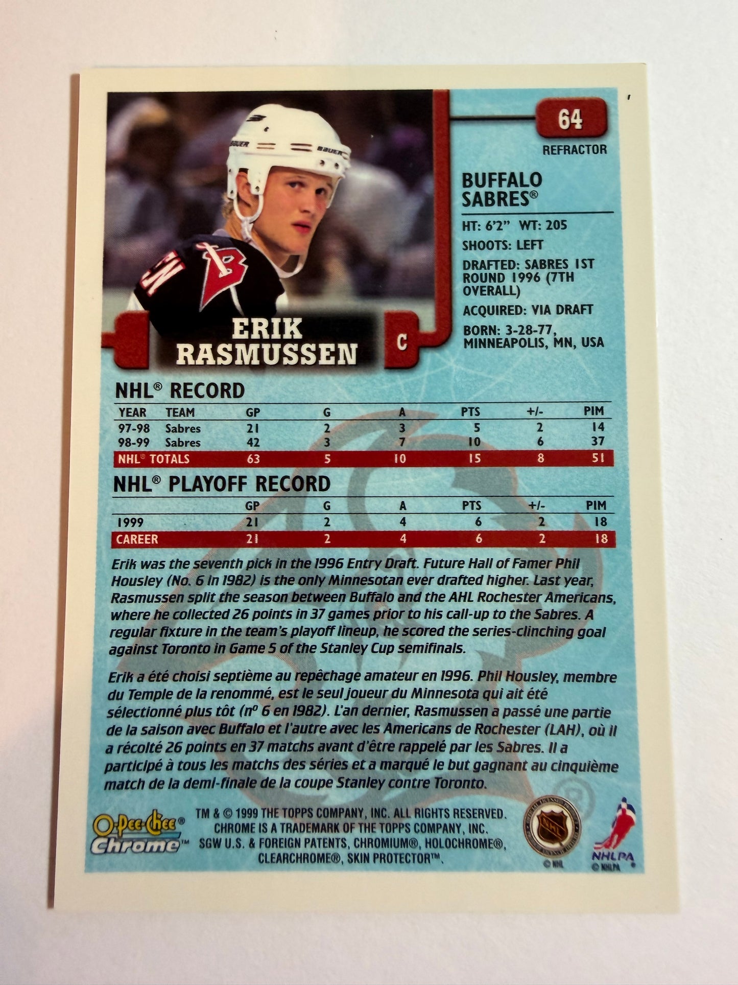 ERIK RASMUSSEN - 1999 O-Pee-Chee Chrome Refractor #64