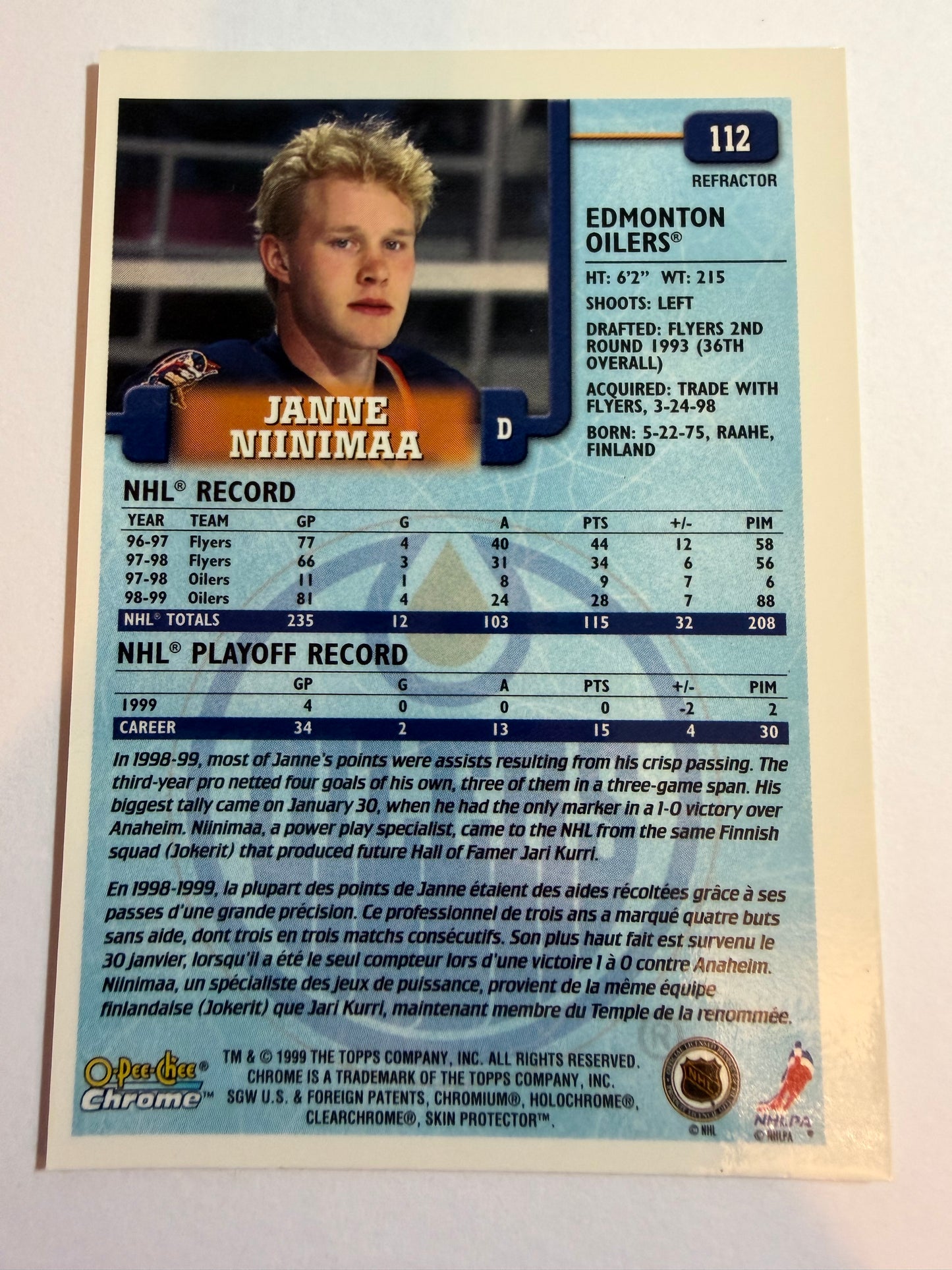 JANNE NIINIMAA - 1999 O-Pee-Chee Chrome Refractor #112