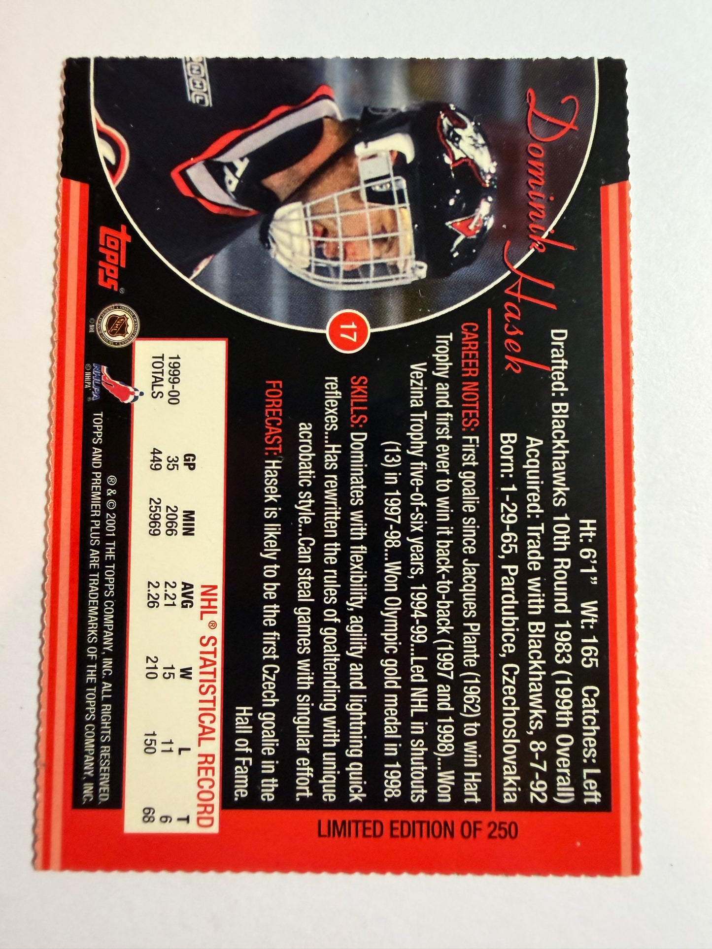 DOMINIK HASEK - 2000 Topps Premier Plus Die Cut #17, /250