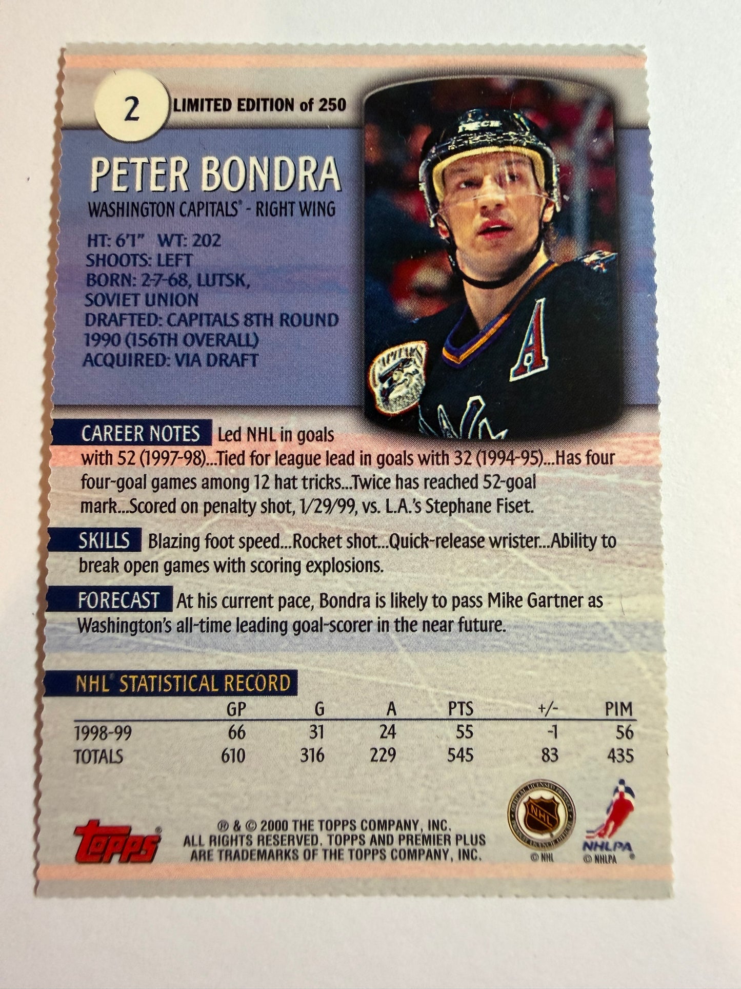 PETER BONDRA - 1999 Topps Premier Plus Die Cut #2, /250